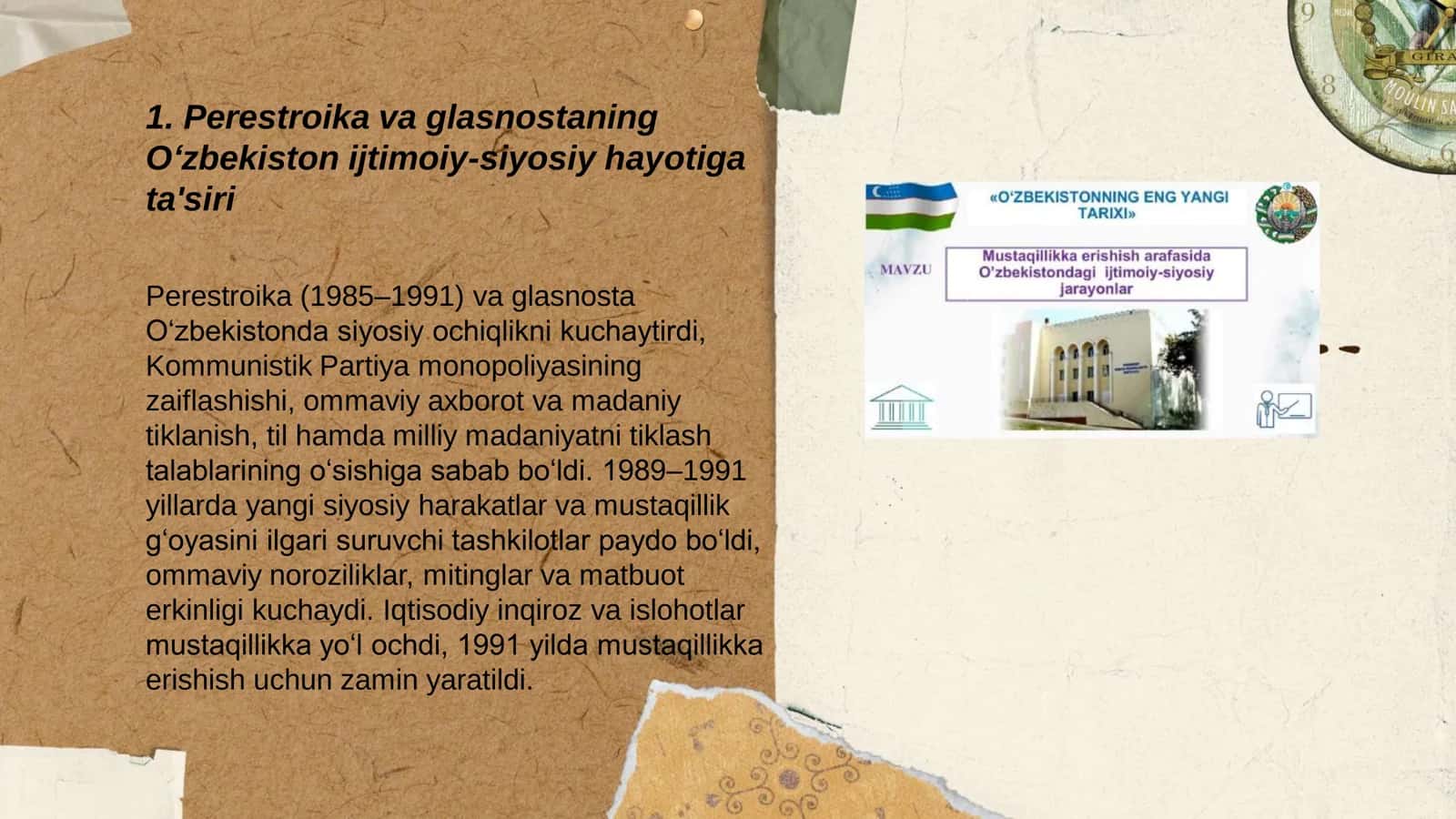 sh arafasida O‘zbekistondagi ijtimoiy- siyosiy Mustaqillikka erishish arafasida O‘zbekistondagi ijtimoiy- siyosiy jarayonlar jarayonlar 3