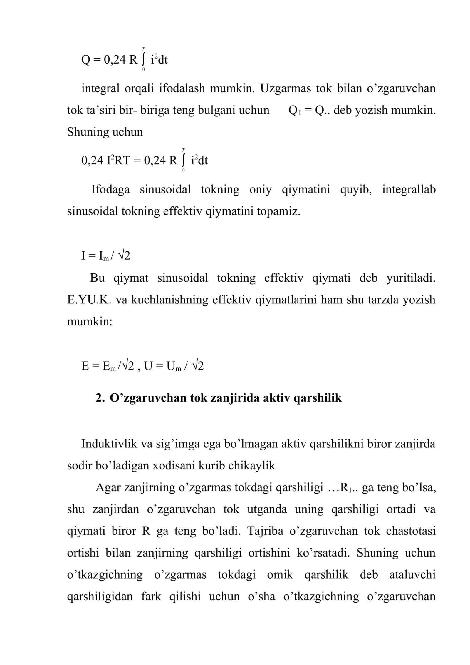 O’zgaruvchan tok. O’zgaruvchan tok zanjirida qarshilik, sig’im va induktivlik 3