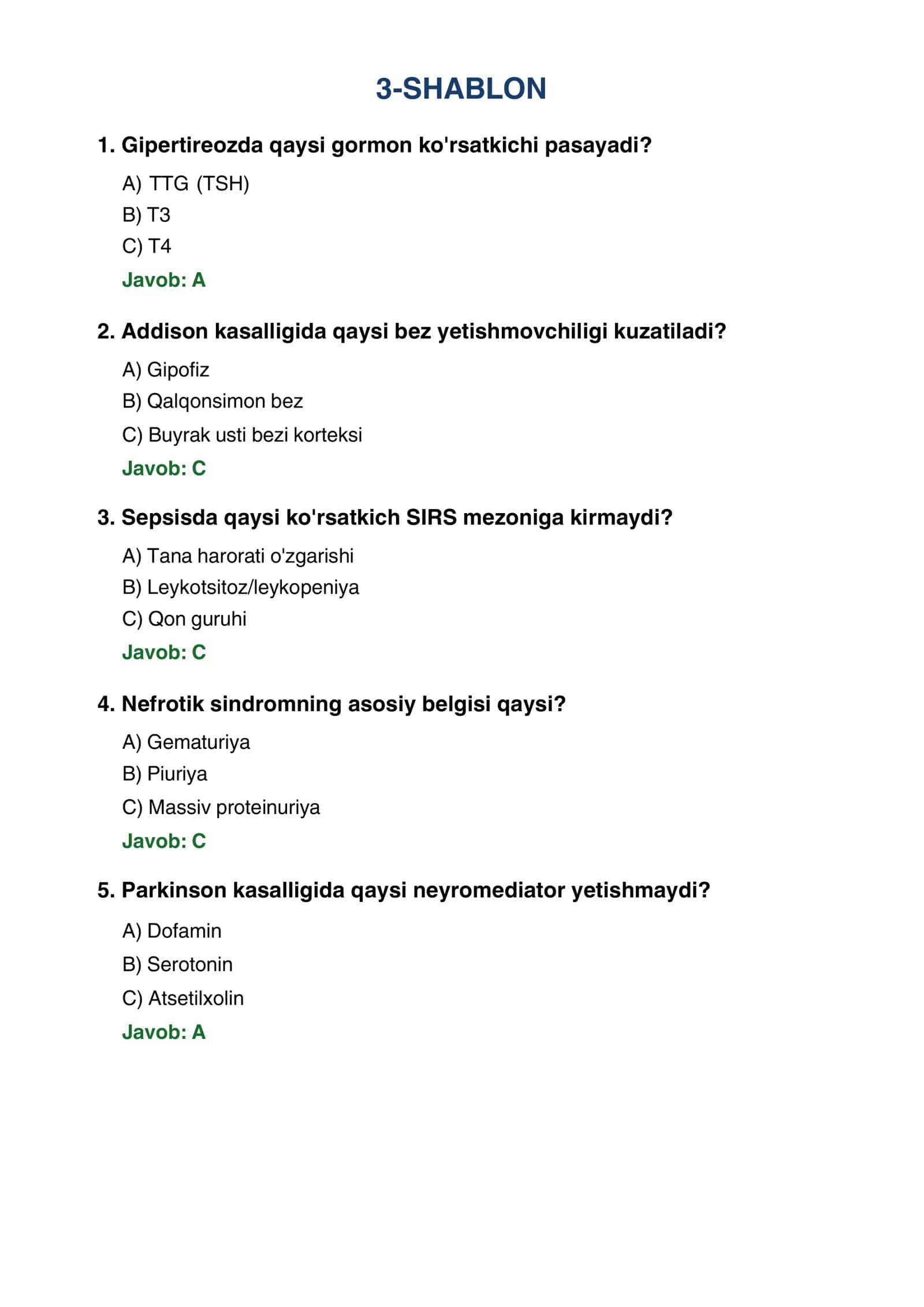 tibbiyot test savollari 3