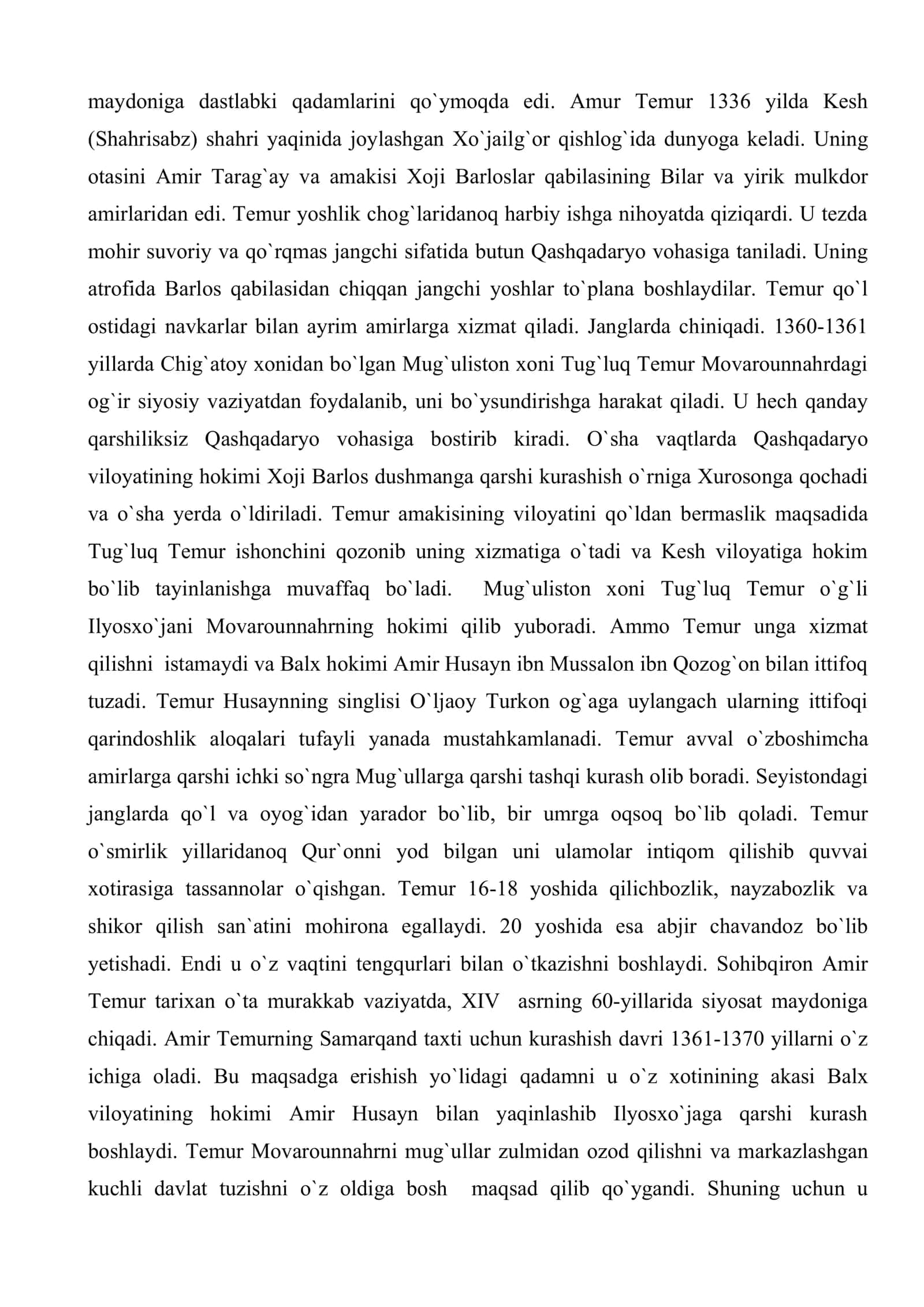 Amir Temur davlati. Temur tuzuklari va hozirgi zamon. Turkistonning xonliklarga bo`linib ketishi, uning sabab va oqibatlari 3