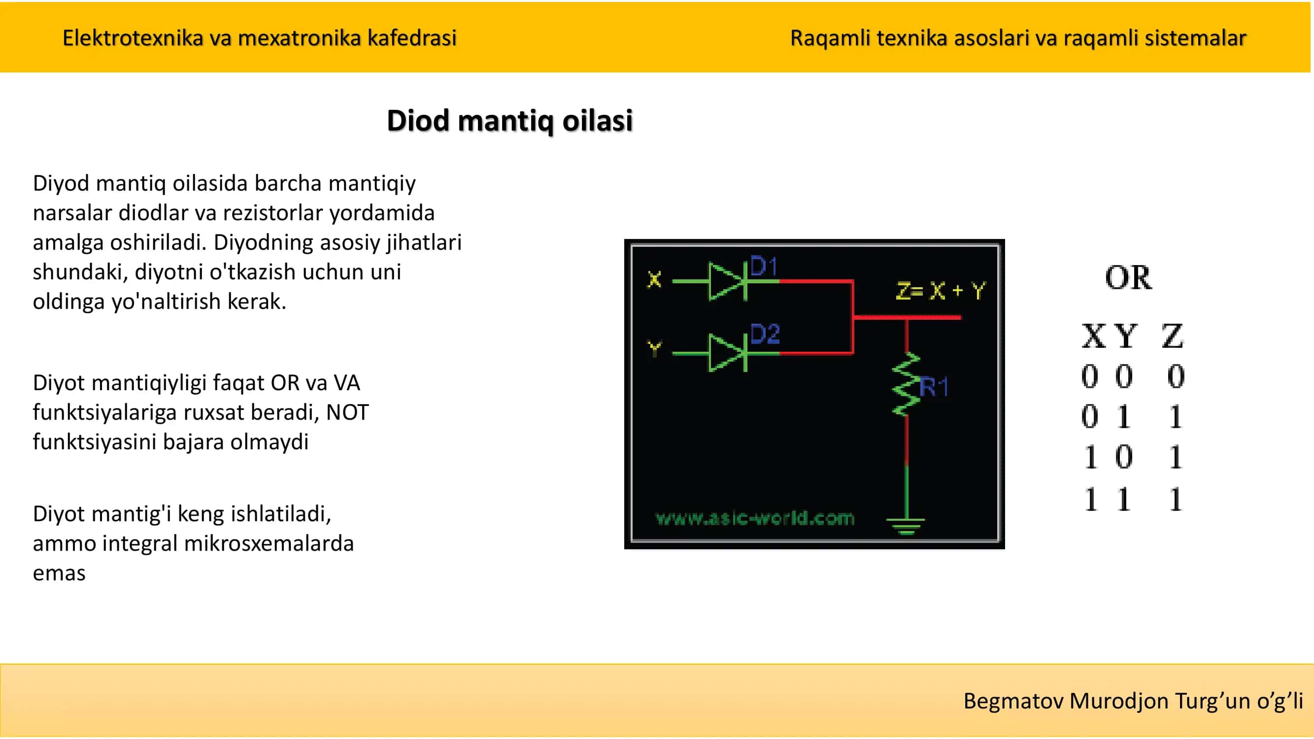 TTL (transistor – transistor logic) ва CMOS (complementary metal – oxide semiconductor) схемалари ва улардан фойдаланиш. Махсус мантиқий схемалар тузиш. 3