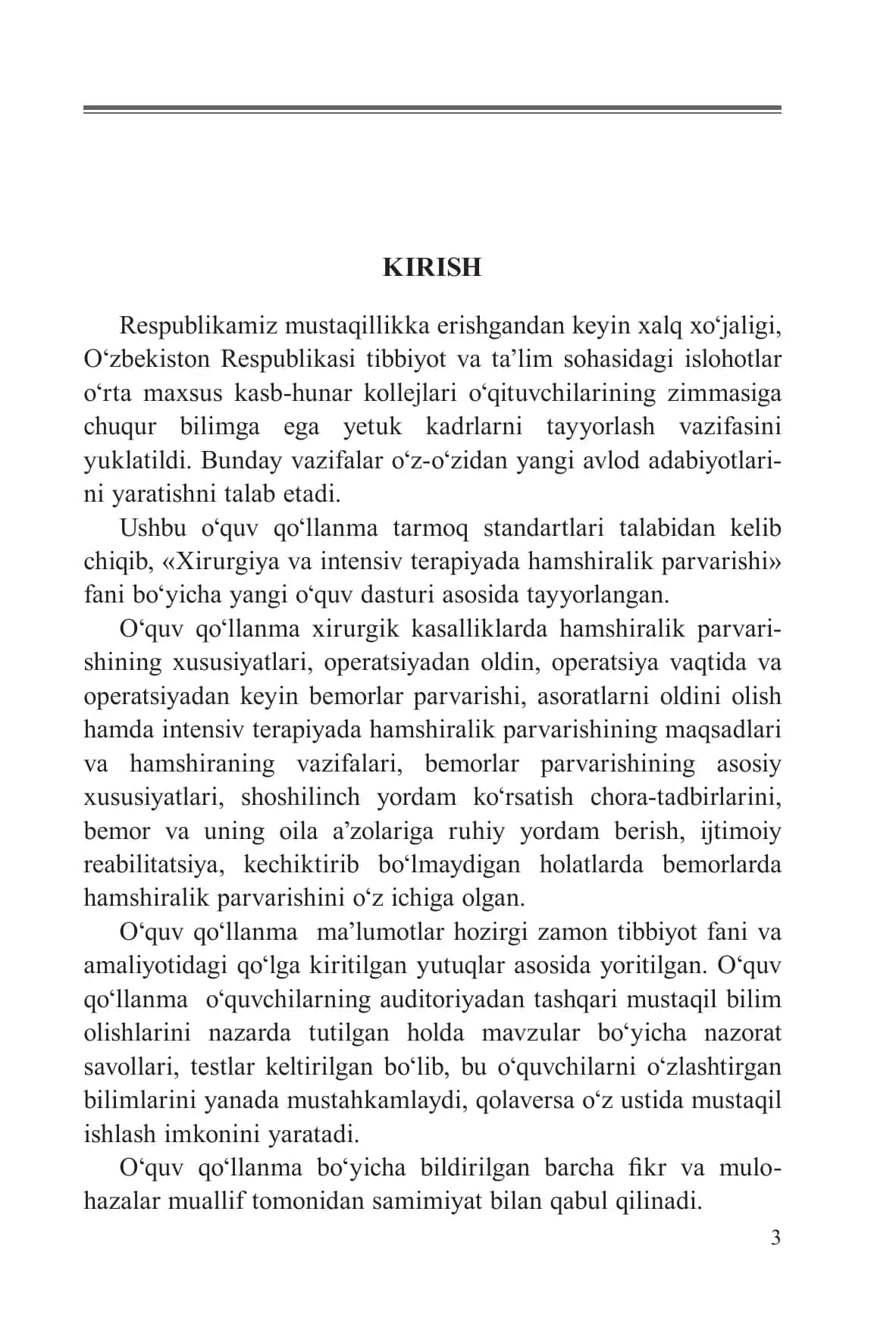 Xirurgik kasalliklar bilan og‘rigan va intensiv terapiyani o‘tayotgan bemorlarda hamshiralik parvarishi. Kasb-hunar kollejlari uchun o‘quv qo‘llanma 3