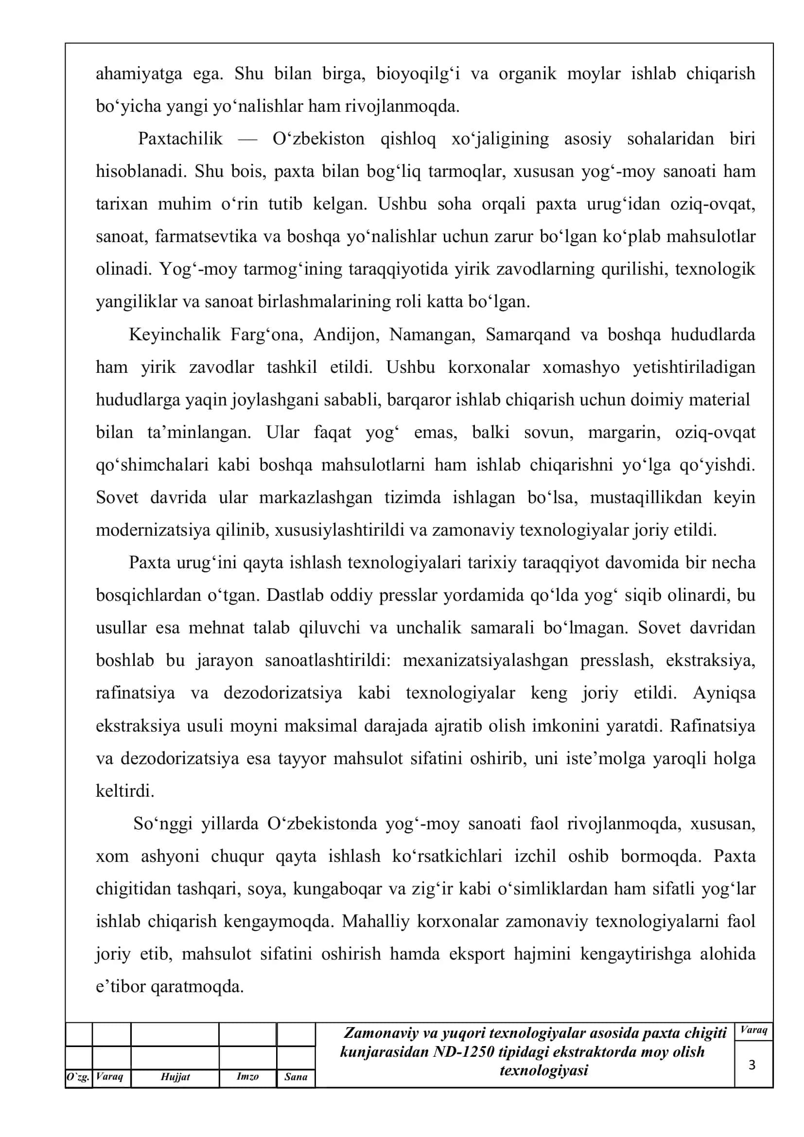 Zamonaviy va yuqori texnologiyalar asosida paxta chigiti kunjarasidan ND-1250 tipidagi ekstraktorda moy olish texnologiyas 3