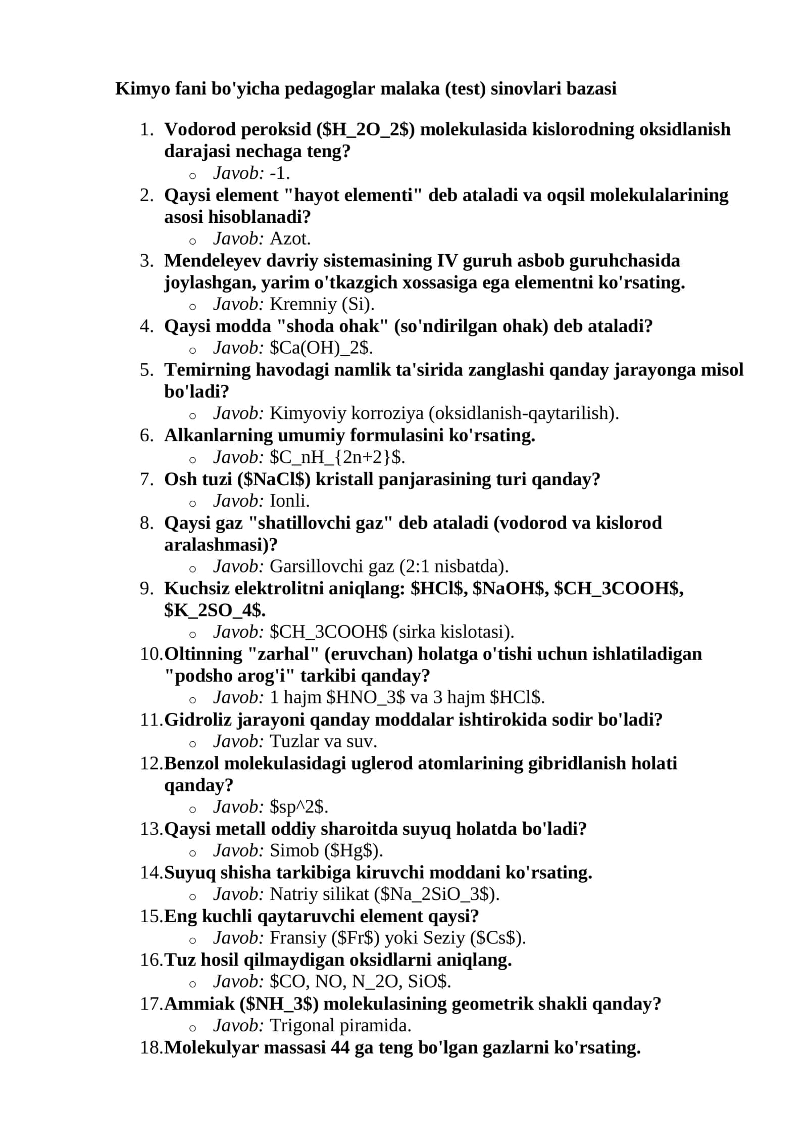 Kimyo Fanidan Pedagog Kadrlar Attestatsiyasi va Malaka Sinovlari Uchun Savollar Banki - 2026 3