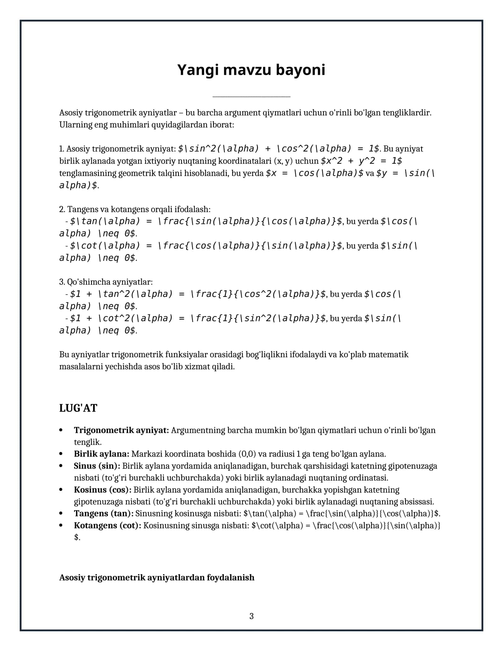 Lesson on Trigonometrik ayniyatlar 3