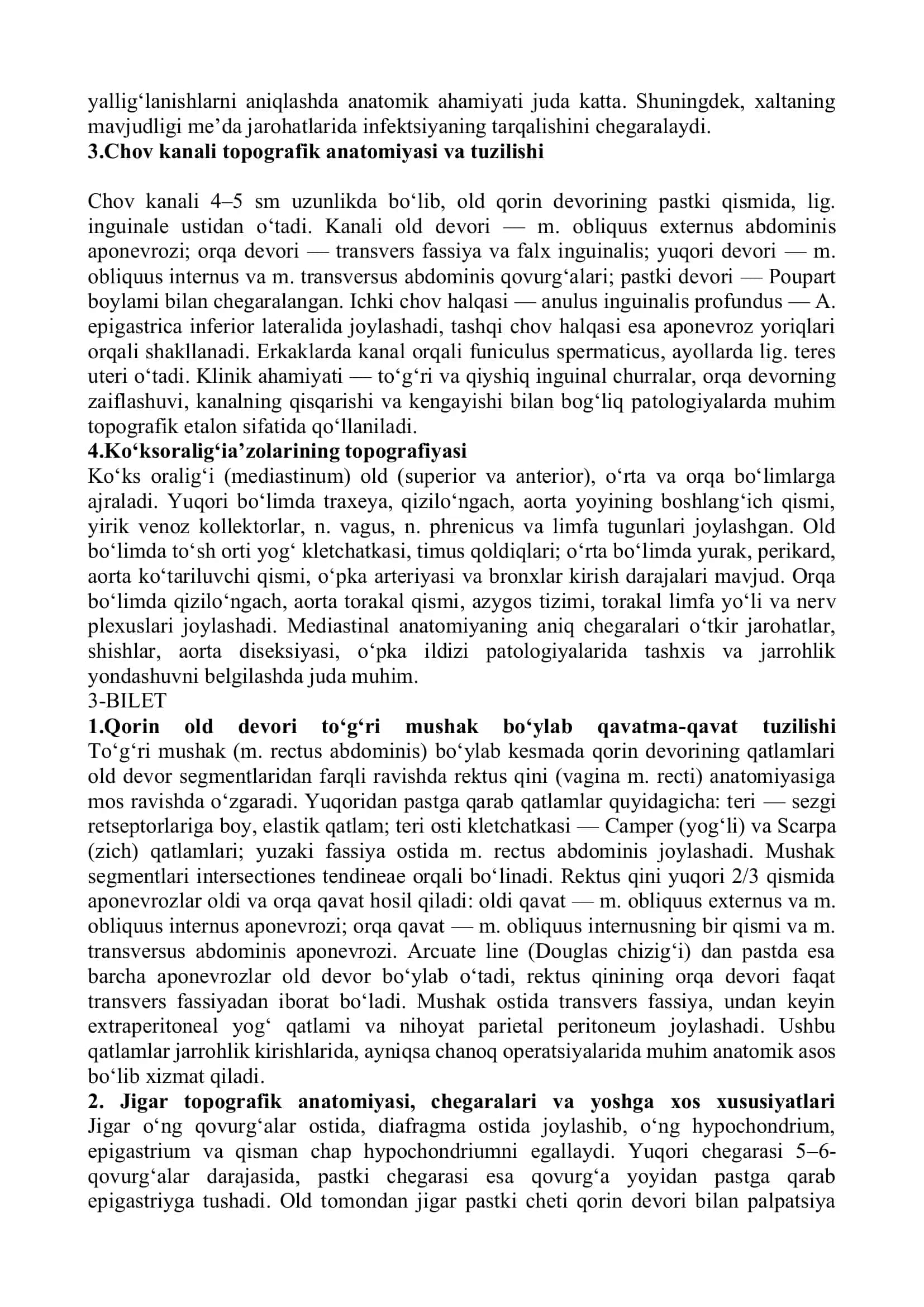 Klinik anatomiya 20 ta bilet javoblari. Klinik anatomiya  oraliq savollarga javoblar 3