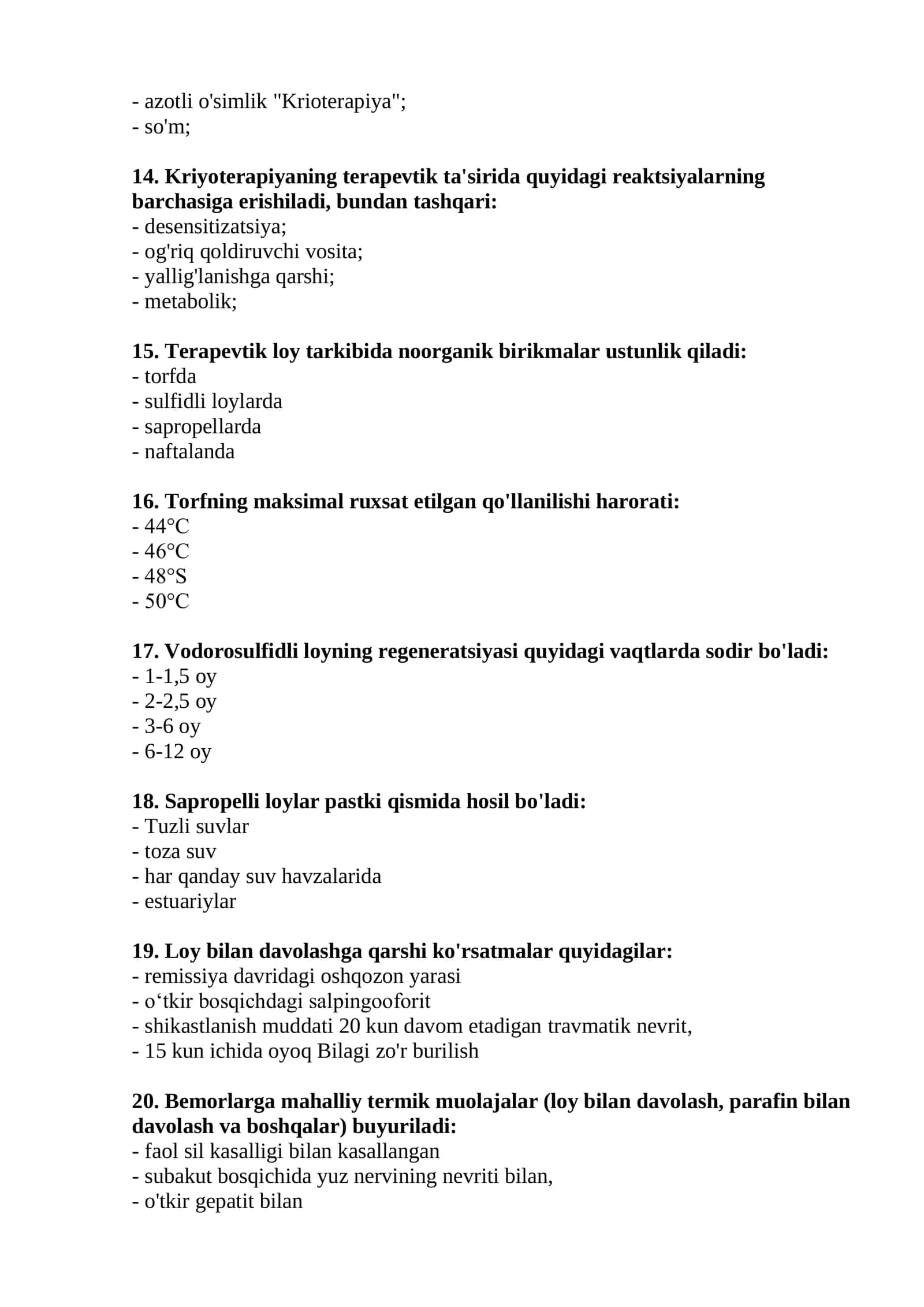 Reabilitologiya (davolash fizkulturasi, kurortologiya, fizioterapiya) mutaxassisligi bo'yicha shakllantirilgan test savollari ro'yxati 3