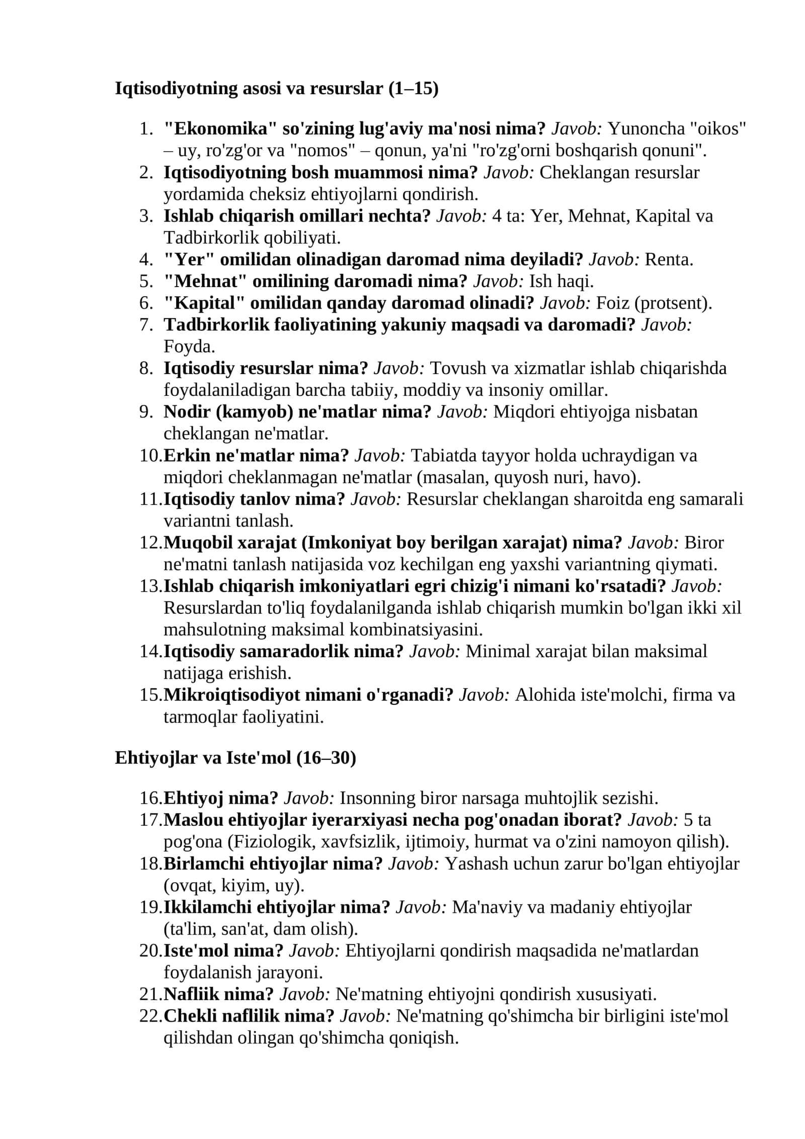 Iqtisodiyot fanidan attestatsiyaga tayyorlanuvchilar uchun mukammal Test baza 2026 3