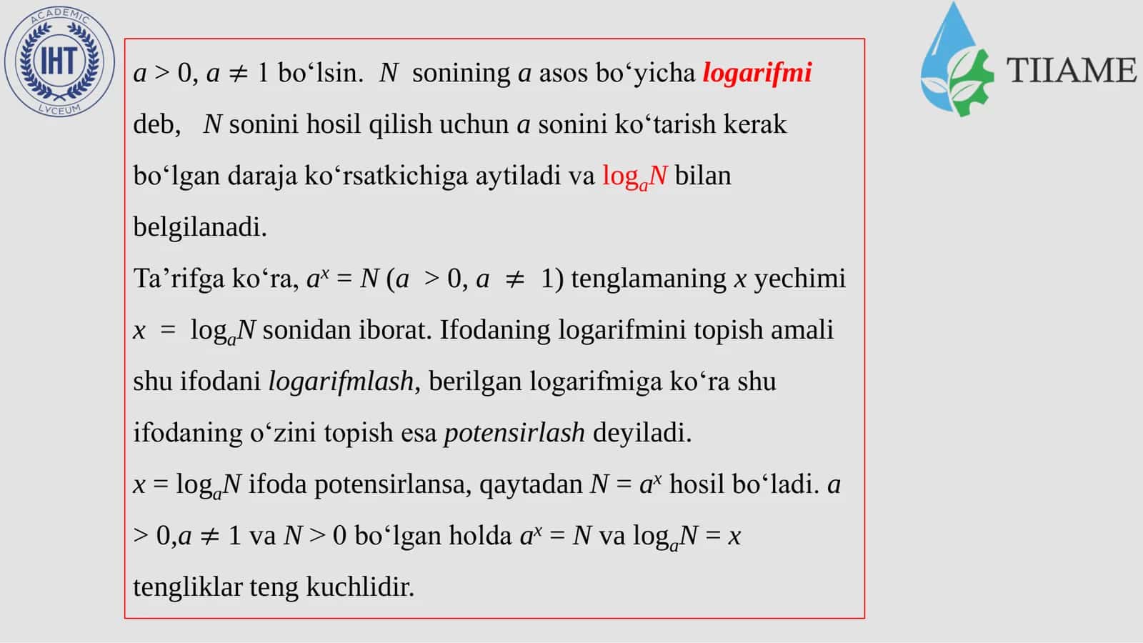 Sonning logarifimi. Asosiy logarifmik ayniyat. Bir asosdan boshqa asosga o`tish formulasi. 3