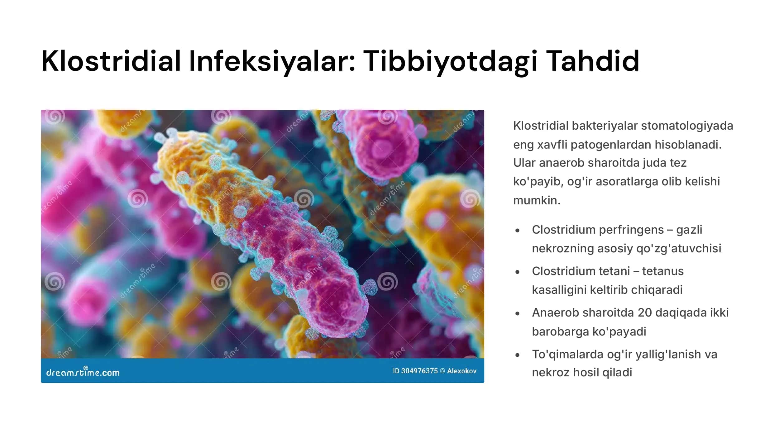 Stomatologiyada  klostridial va  noklostridial  infeksiyalar.  Operasiyadan keyingi infeksiyalar.  Jarohatlarning  zararlanishiga olib  keluvchi omillar.  Jarrohlik infeksiyalarining  asosiy  qoʻzgʻatuvchilari.  Odontogen osteomielit 3