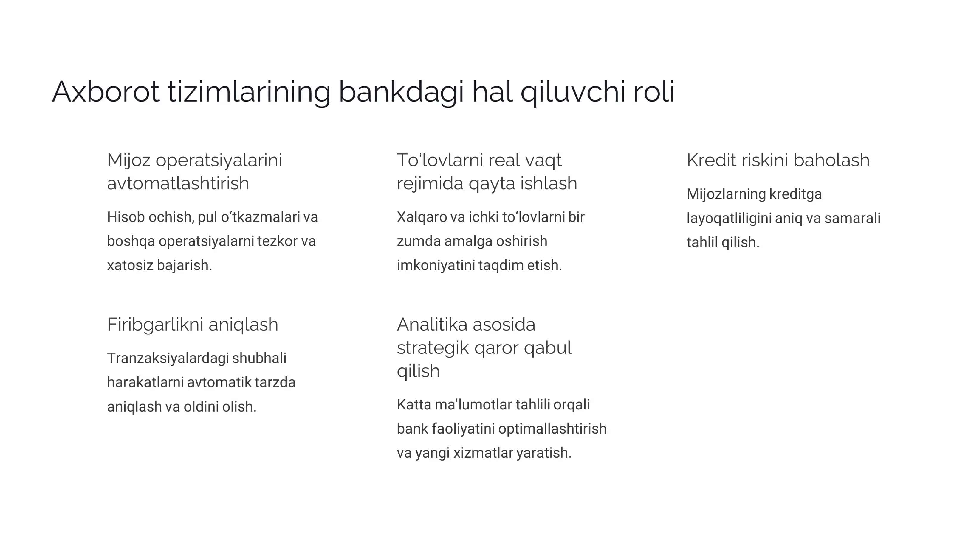 Bank sohasida axborot tizimlari: qo‘llanilishi, samaradorlik, tahlil va statistik ma’lumotlar. Taqdimot slayt 3