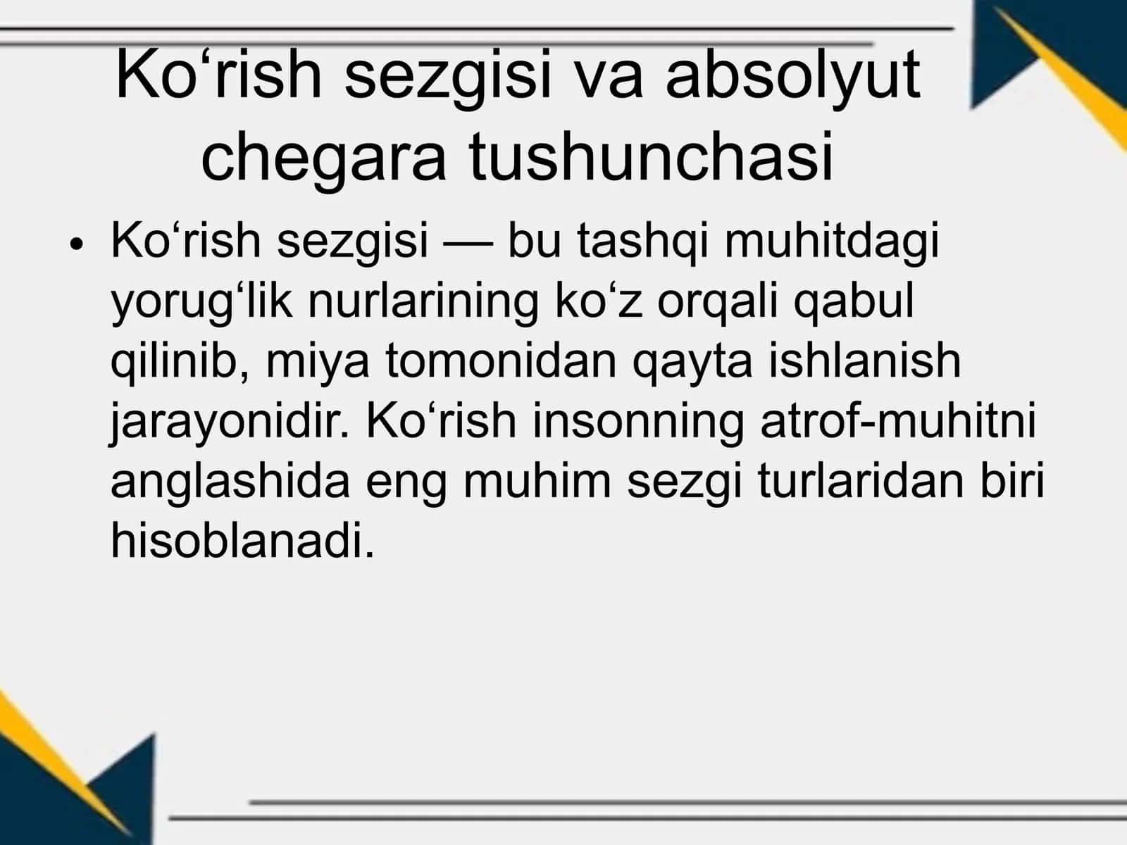 Ko’rish sezgisining absolyut  chegarasini aniqlash. 3