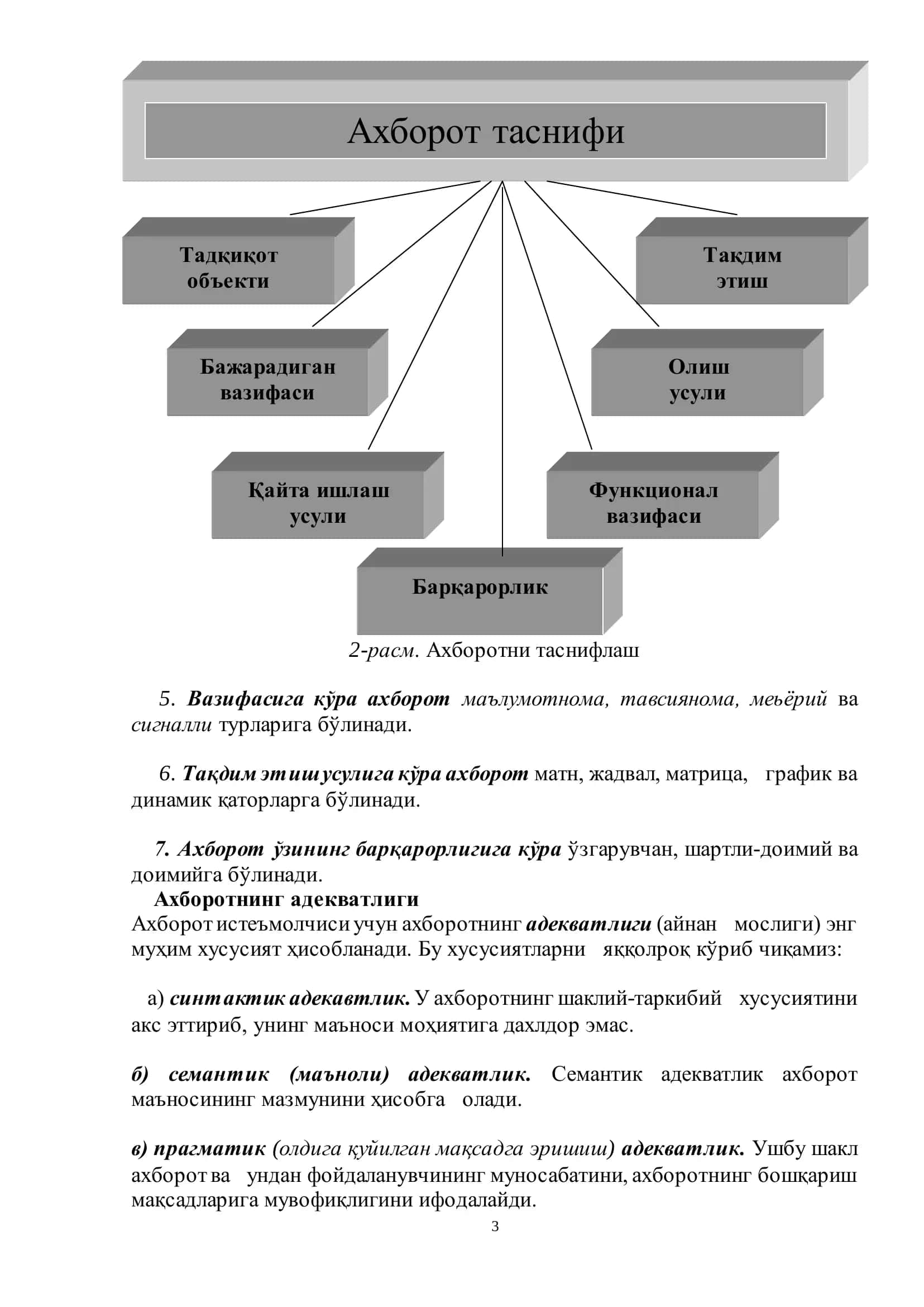 "АХБОРОТ ҲАҚИДА ТУШУНЧА. АХБОРОТНИ БЕЛГИЛАРИГА ҚАРАБ ТАСНИФЛАШ." 3