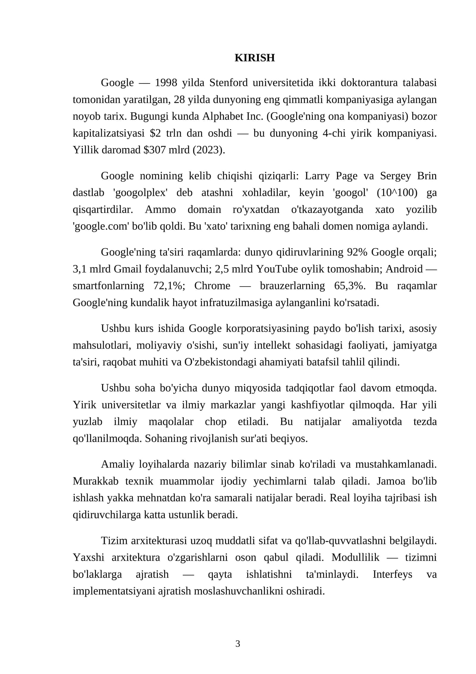 KURS ISHI: Google korporatsiyasi tarixi va hozirgi kundagi jamiyatdagi o'rni 3