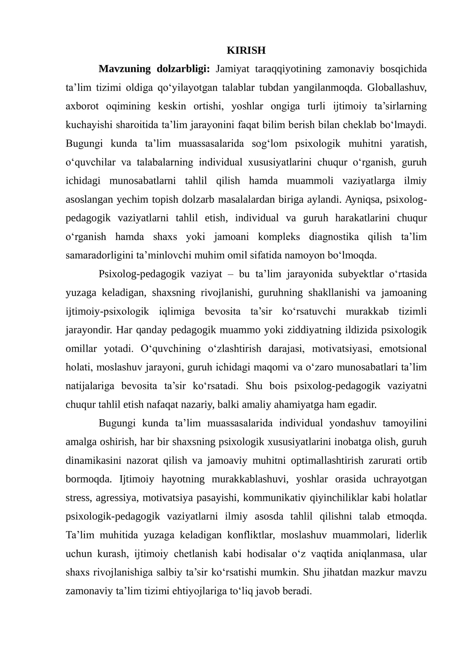 PSIXOLOG-PEDAGOGIK VAZIYATNI TAHLIL ETISH (INDIVIDUAL VA GURUH XARAKATLARI, SHAXS YOKI JAMOA DIAGNOSTIKASI) 3