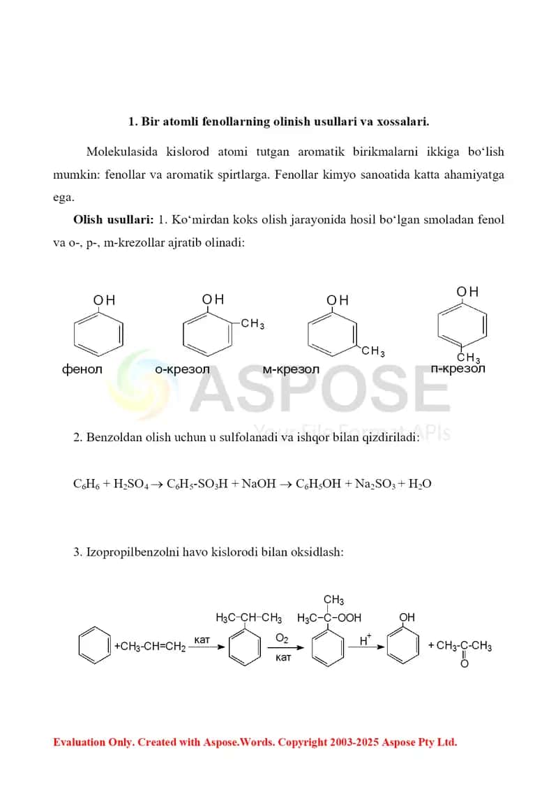 10. Bir va ikki atomli fenollarning olinish usullari. Pikrin kislota. Referat 8 bet 3
