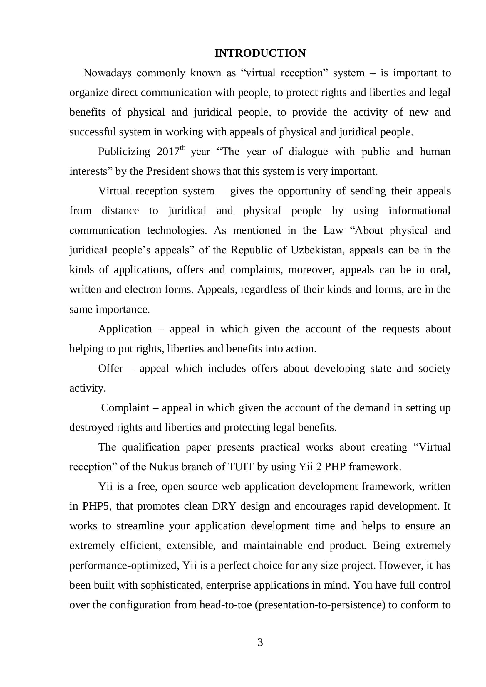 Developing the Virtual Reception System of the Nukus Branch of TUIT Using Yii Framework 3