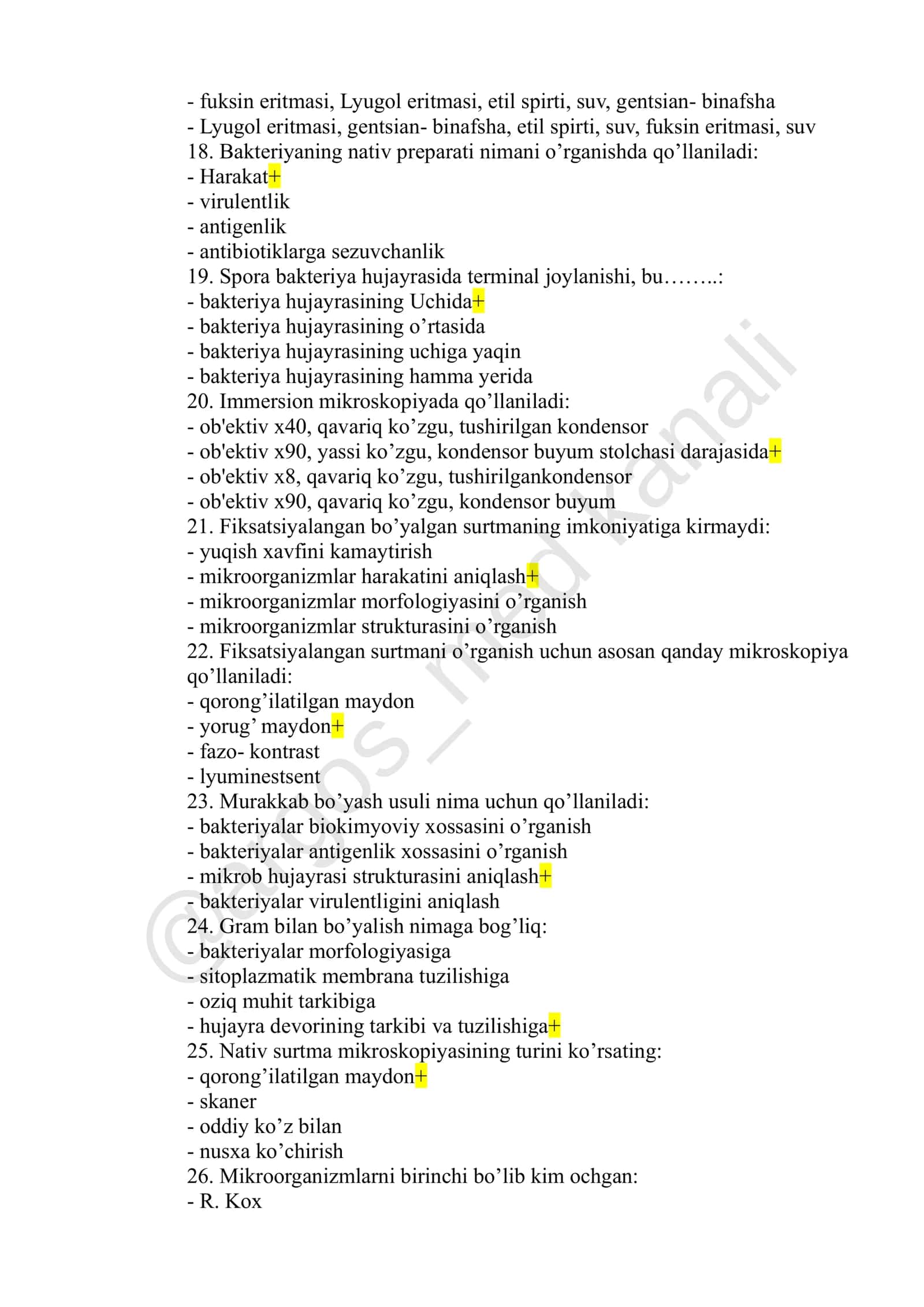Sanepidqo'm laboratoriyalari laboranti (Bakteriologik) mutaxassisligi bo'yicha shakllantirilgan test savollari ro'yxati 3