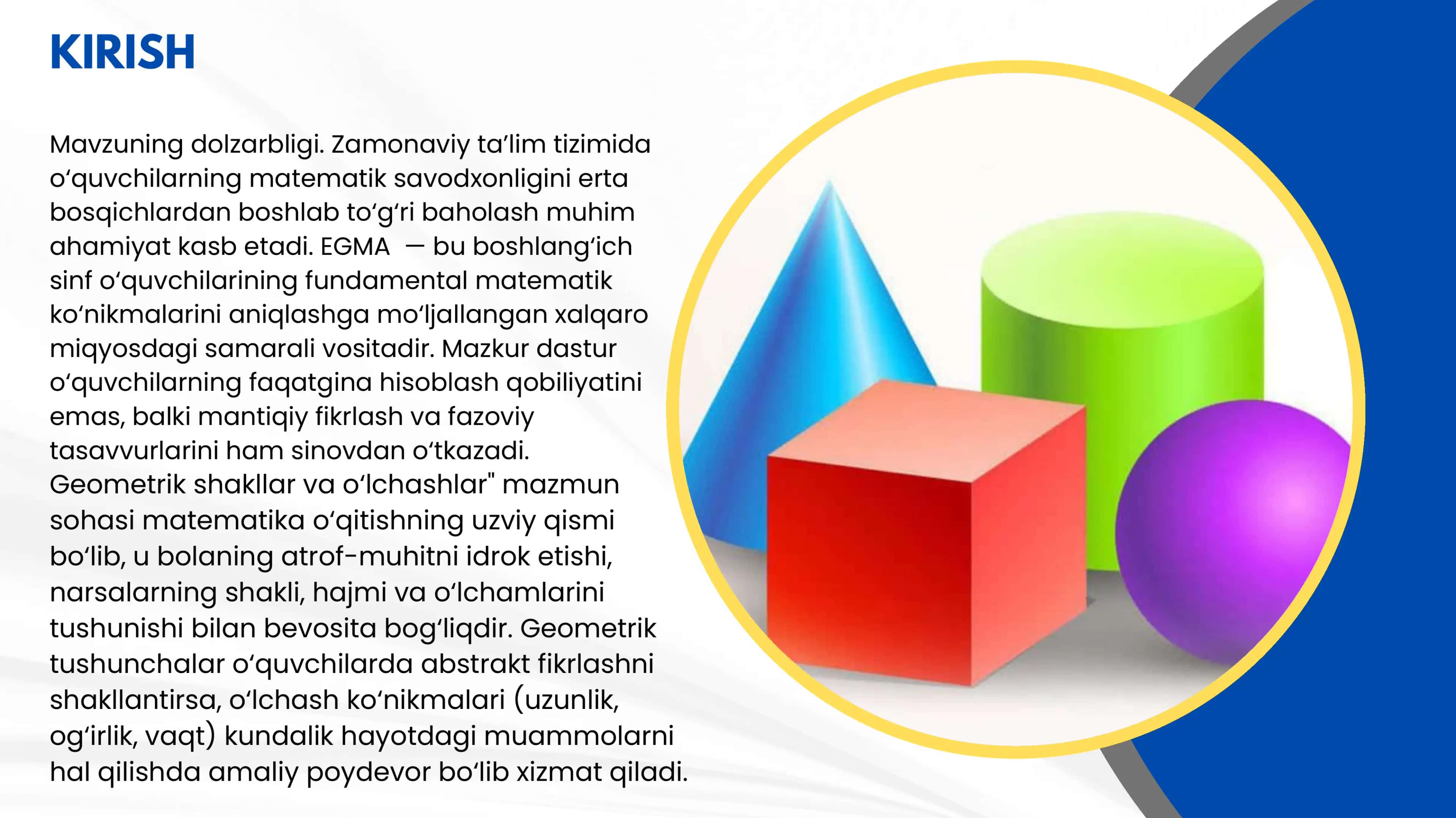 EGMA BAHOLASH DASTURIDA "GEOMETRIK SHAKLLAR VA O‘LCHASHLAR" MAZMUN SOHASIGA OID TOPSHIRIQLAR 3