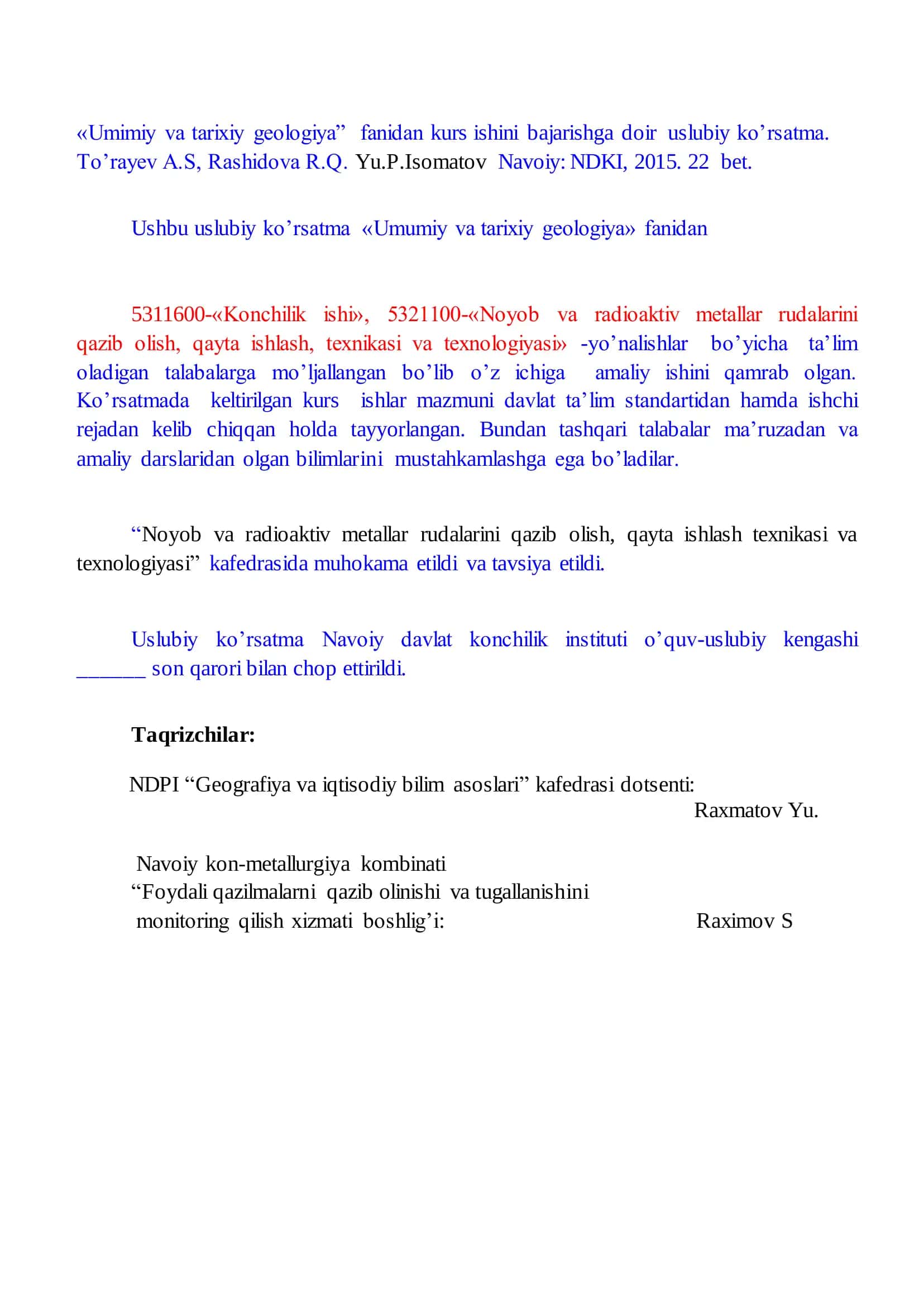 UMUMIY VA TARIXIY GEOLOGIYA FANIDAN KURS ISHINI BAJARISH BO’YICHA USLUBIY KO’RSATMA 3