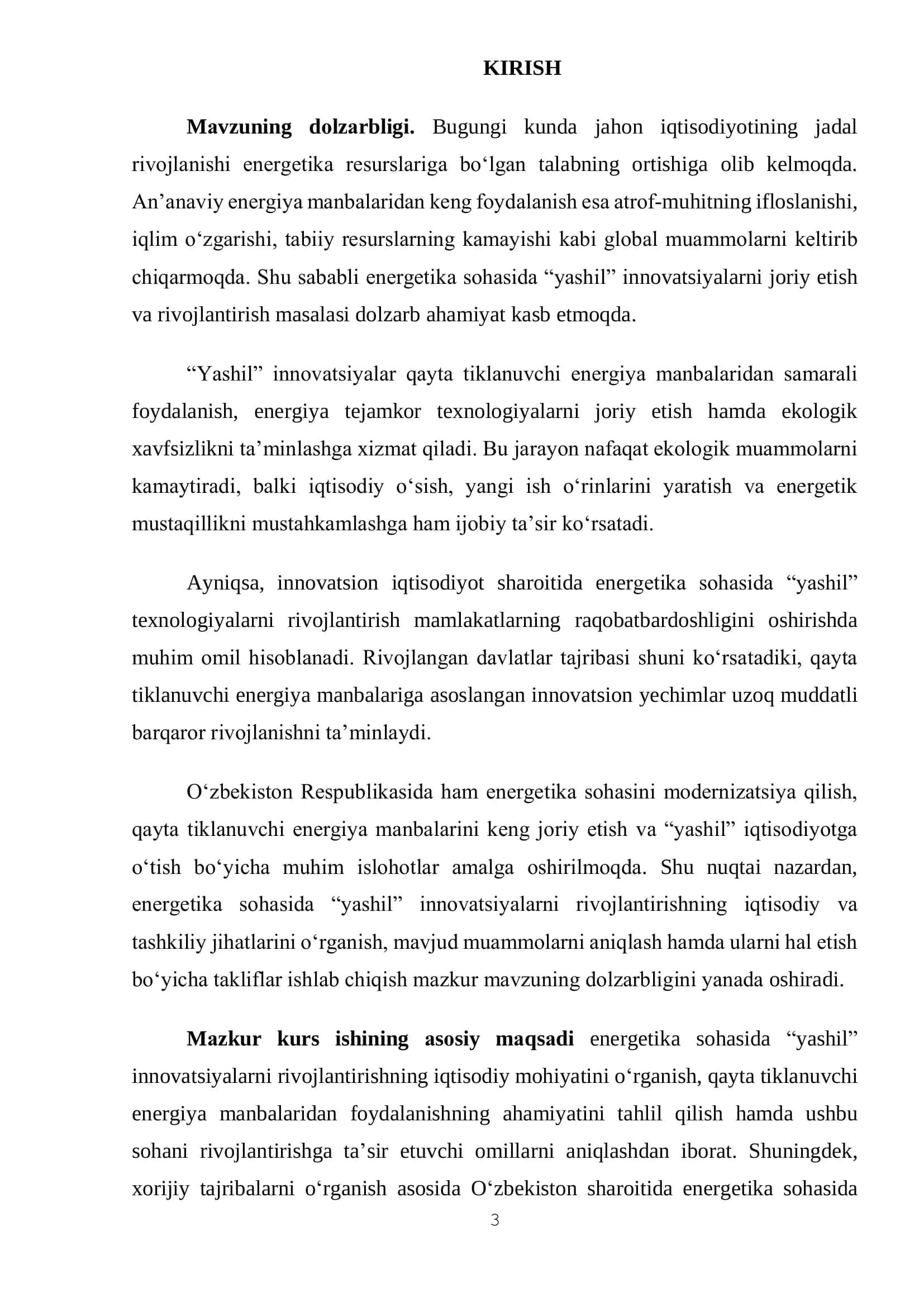 Kurs ishi "INNОVАTSIОN IQTISОDIYОT" FАNIDАN Mаvzu: Energetika sohasida "yashil" innovatsiyalarni rivojlantirish 3