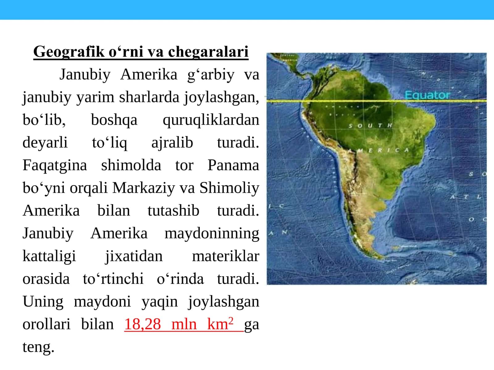 JANUBIY AMERIKANING GEOGRAFIK O‘RNI, GEOLOGIK TUZILISHI, RELYEFI, FOYDALI QAZILMALARI, IQLIMI VA ICHKI SUVLARI, TUPROQLARI, ORGANIK DUNYOSI, TABIIY GEOGRAFIK RAYONLARI 3