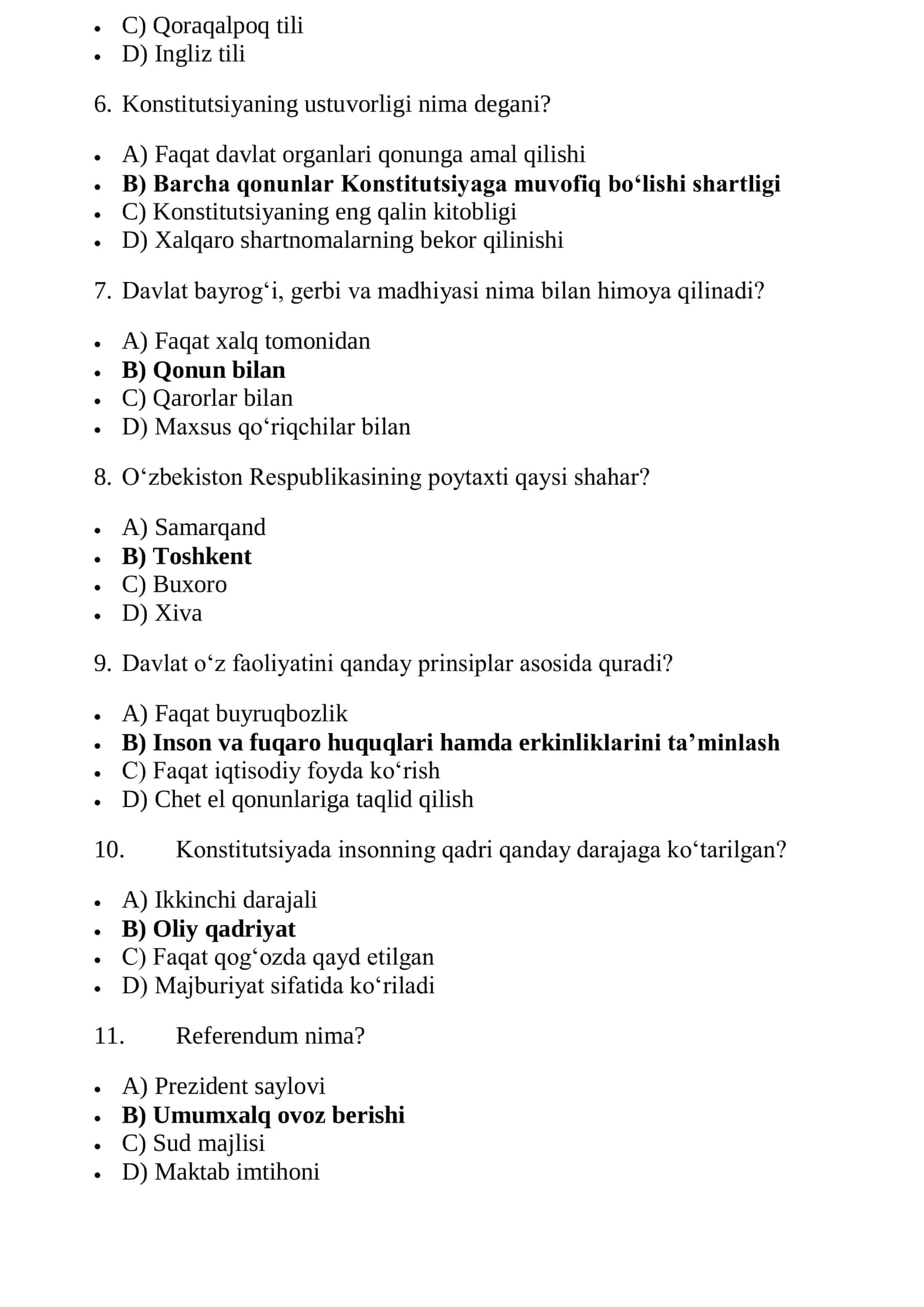 9-SINF HUQUQ FANIDAN MAVZULASHTIRILGAN TESTLAR JAVOBLARI 2026 YIL 3