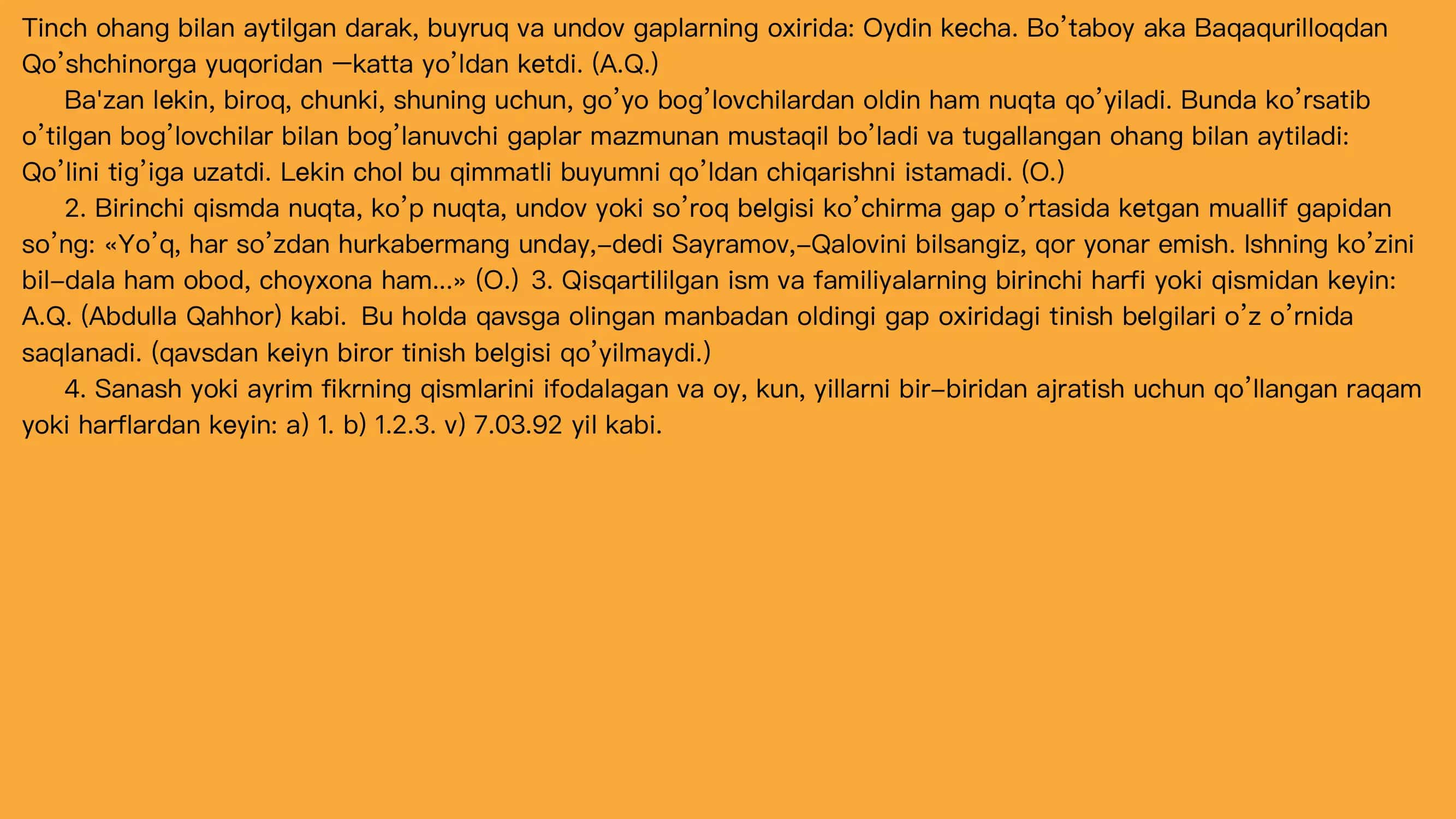 Ona tilida tinish belgilari. Tinish belgilari va ularning tasnifi; tinish belgilarining qo'llanish o'rinlari 3