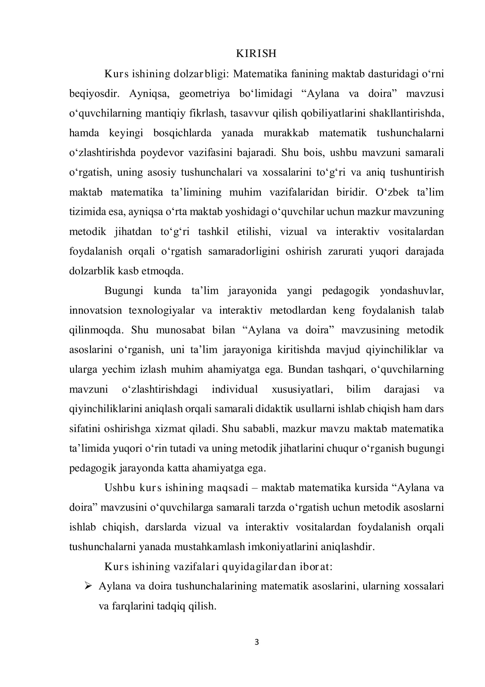 Maktab matematika kursida aylana va doira mavzusiga oid asosiy tushunchalarni 3