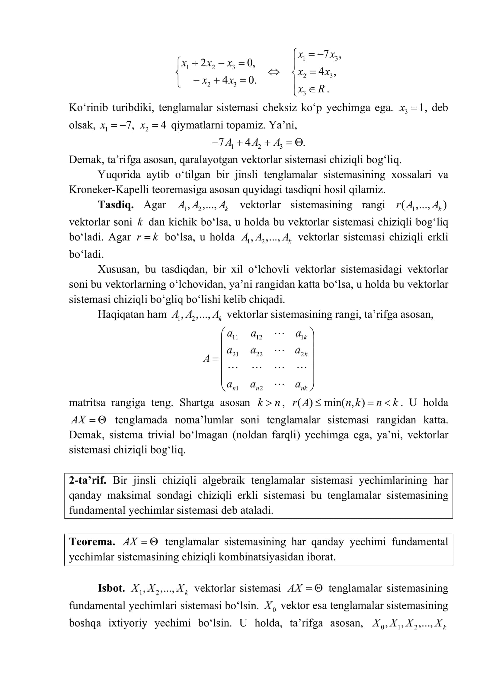 7-mavzu. Bir jinsli chiziqli algebraik tenglamalar sistemasi. Fundamental yechimlar sistemasi 3