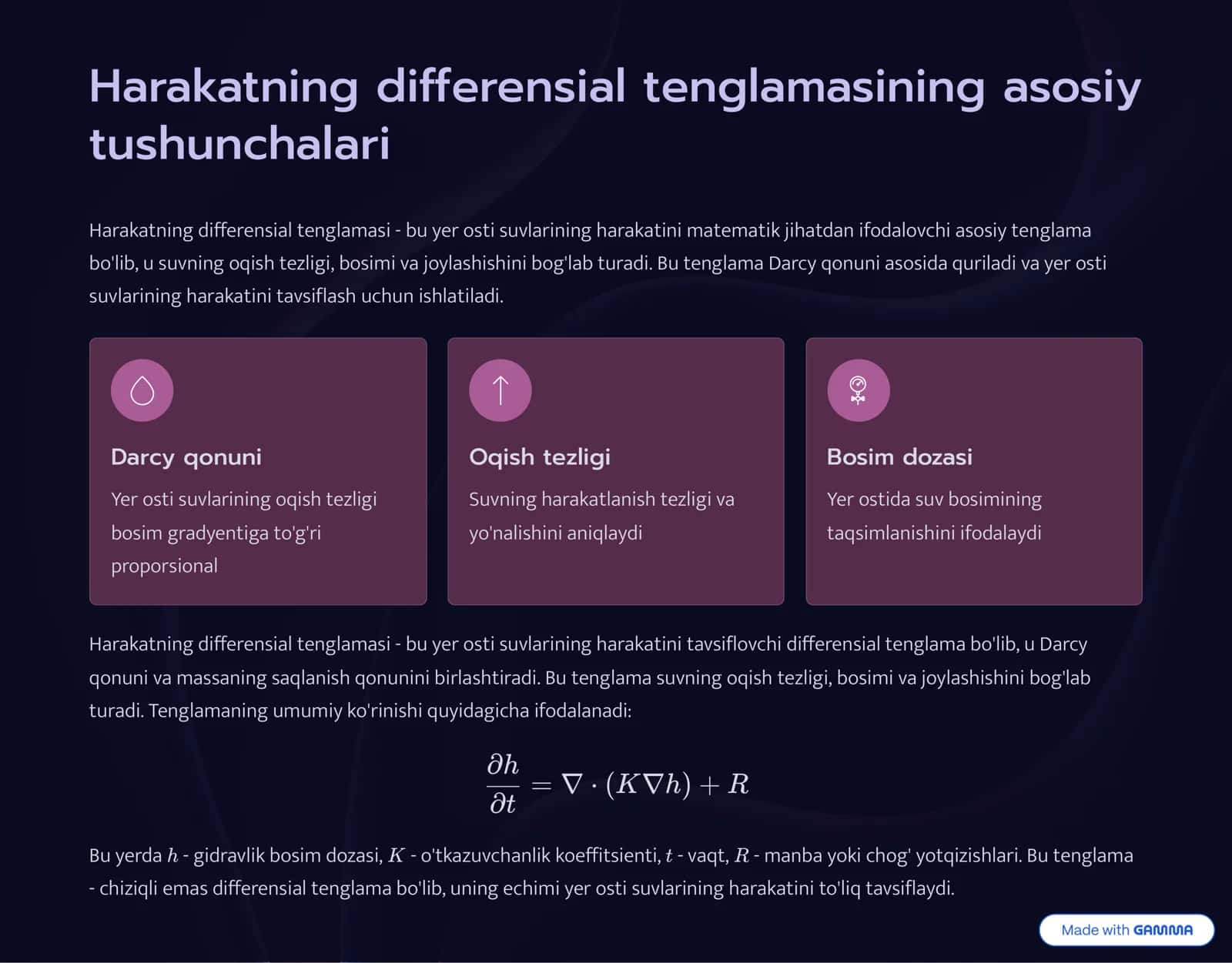 umumiy va yer osti gidravlikasi fanidan harakatning differensial tenlamasi 3