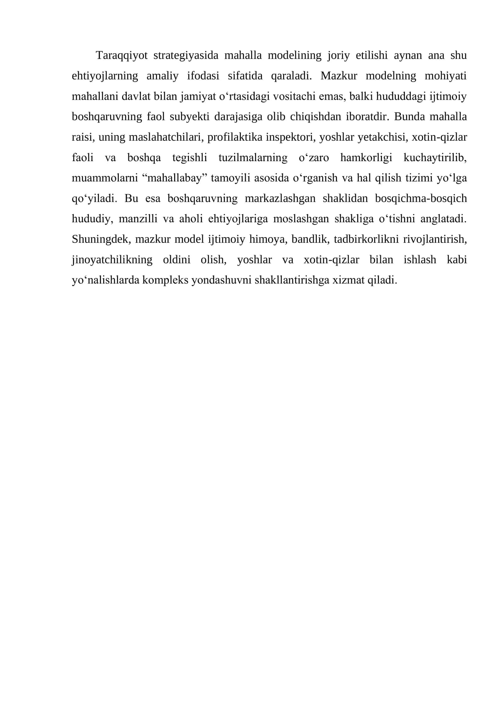 OʻZBEKISTON RESPUBLIKASI PREZIDENTINING 28.01.2022 YILDAGI 2022-2026 YILLARGA MOʻLJALLANGAN YANGI OʻZBEKISTONNING TARAQQIYOT STRATEGIYASIDA MAHALLA MODELINING JORIY ETILISHI 3