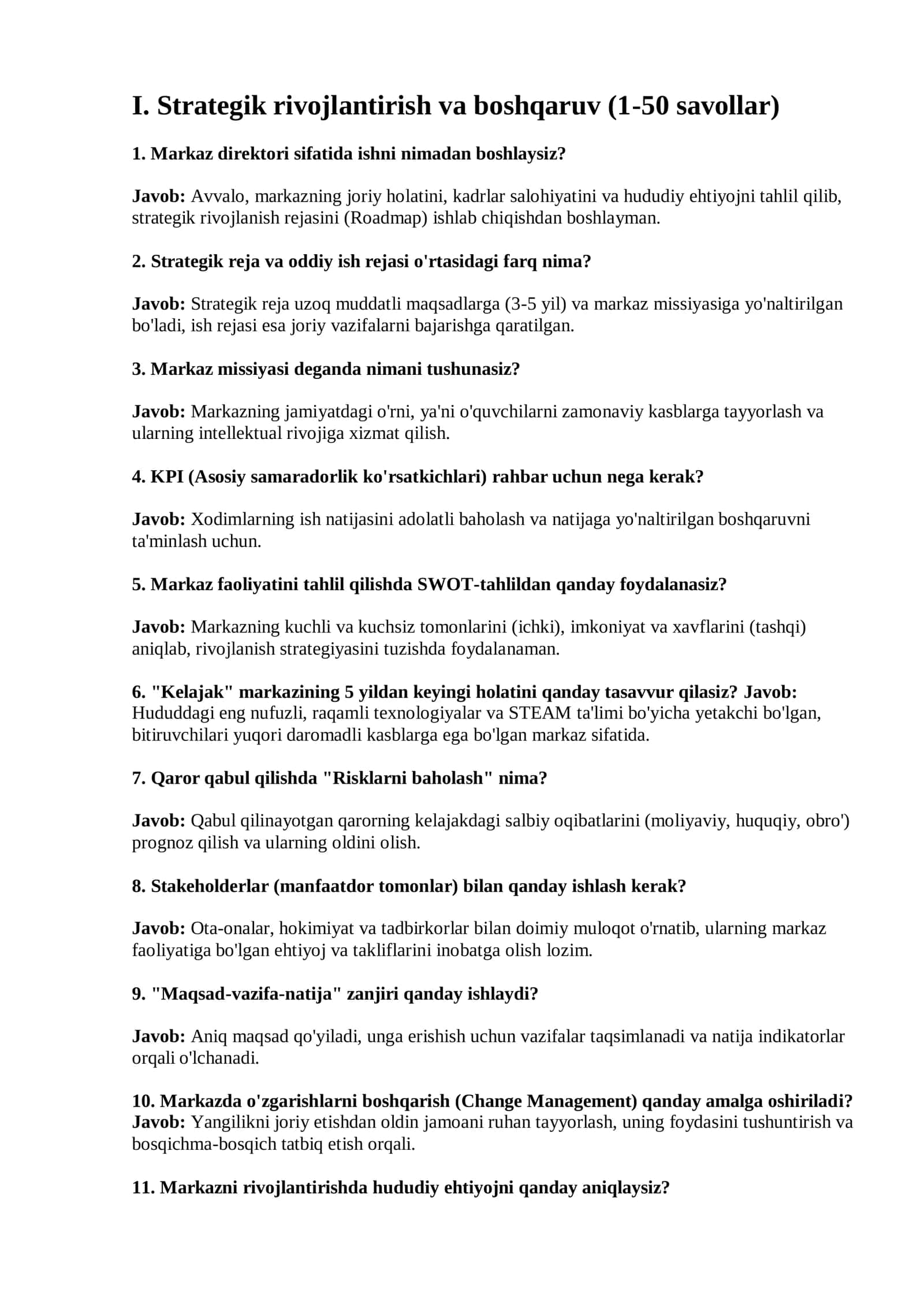 "Kelajak" markazi direktori lavozimi uchun 2-bosqich: Og‘zaki suhbat (intervyu) savollari va javoblari 3