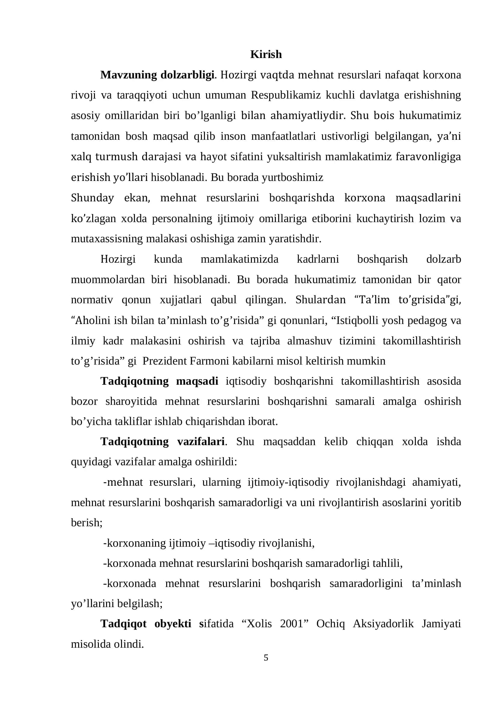 MAVZU: “TASHKILOTDA INSON RESURSLARINI BOSHQARISHDA ZAMONAVIY USULLARDAN FOYDALANISH YO’LLARI” («Xolis 2001 Ochiq Aksiyadorlik Jamiyati» misolida) 3