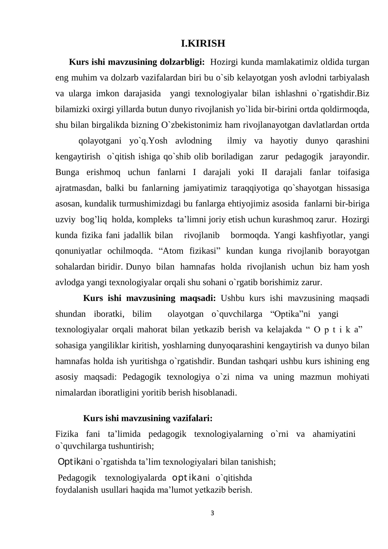 Optika bo`limiga oid mavzularni o`qitishda  pedagogik texnologiyalardan foydalanish usullari mavzusidagi tayyor kurs ishi. 3