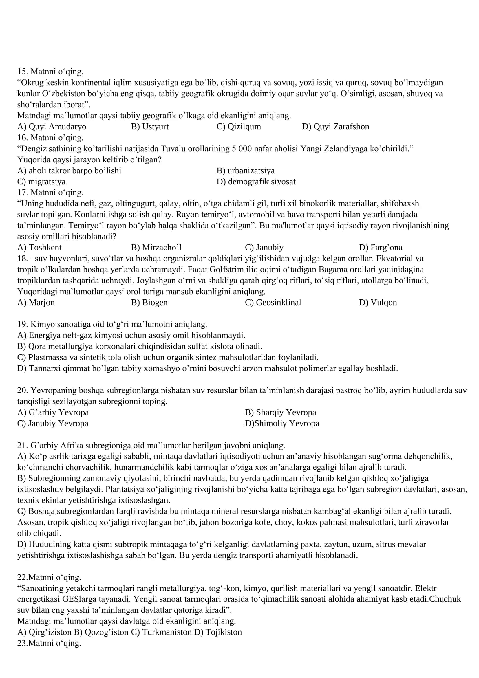 Geografiya fanidan namunaviy test topshiriqlari 3