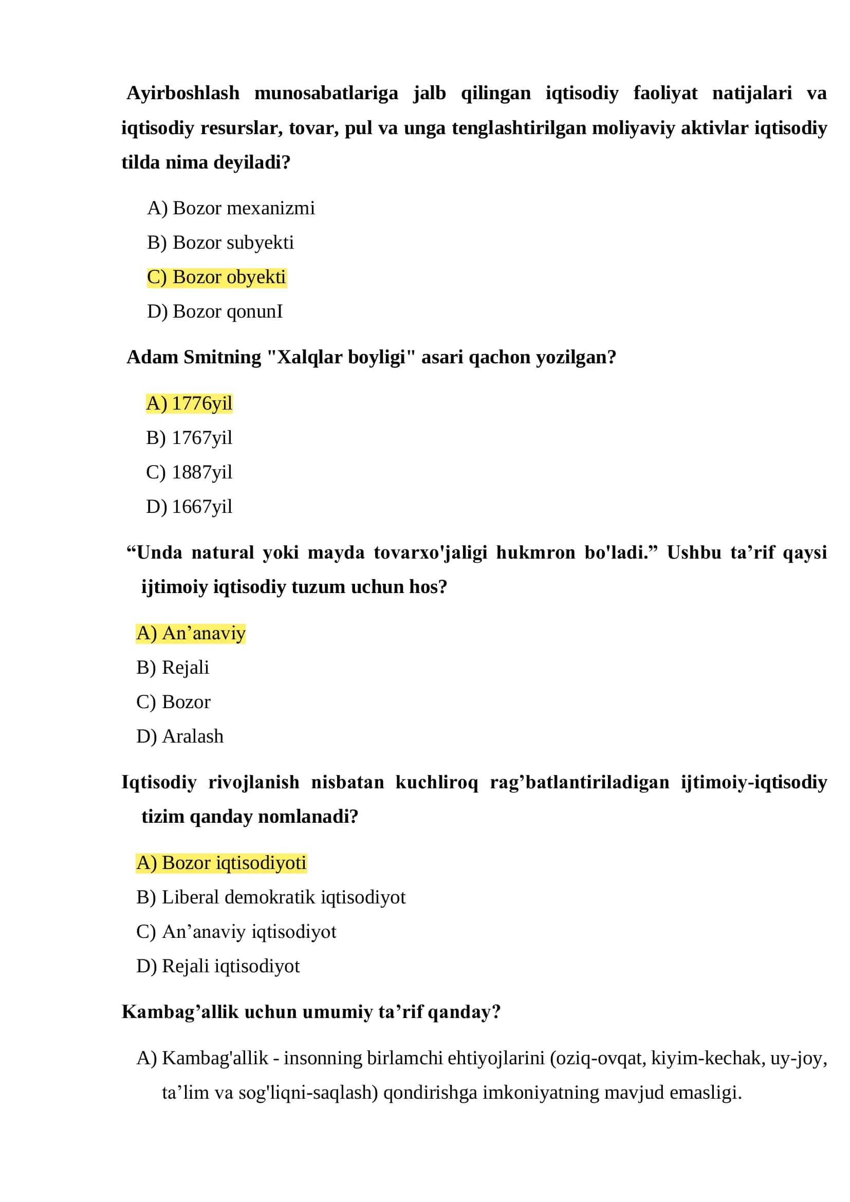 EKS-1-20 VA EKS-2-20 TALABALARI UCHUN YAKUNIY ATTESTATSIYA IMTIHONI UCHUN TAYYORLANGAN TEST SAVOLLARI 3
