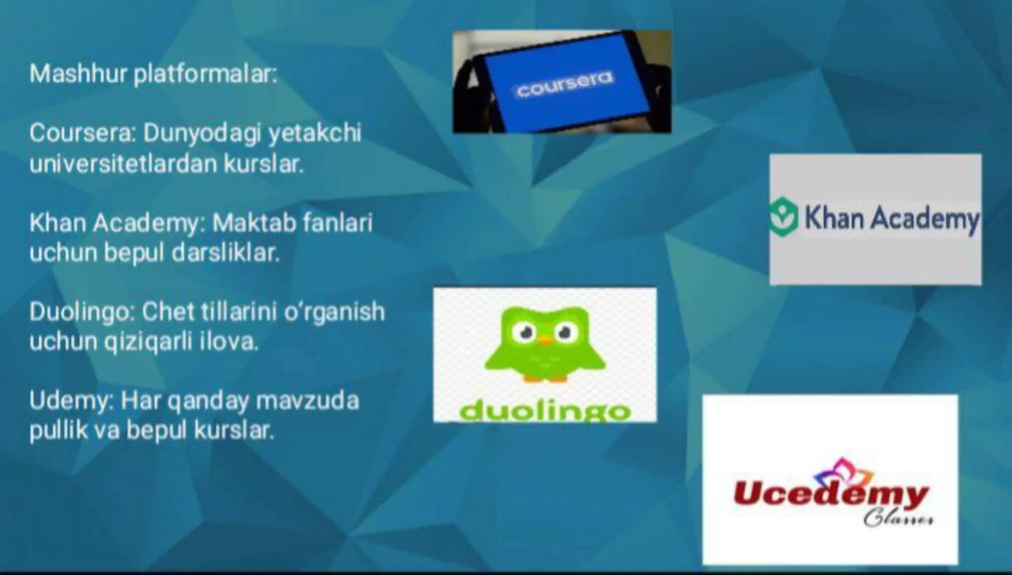 Internet, internetdagi ta'limiy dasturlar, elektron o'quv qo'llanmalar, multimedialar, virtual stendlar. 3