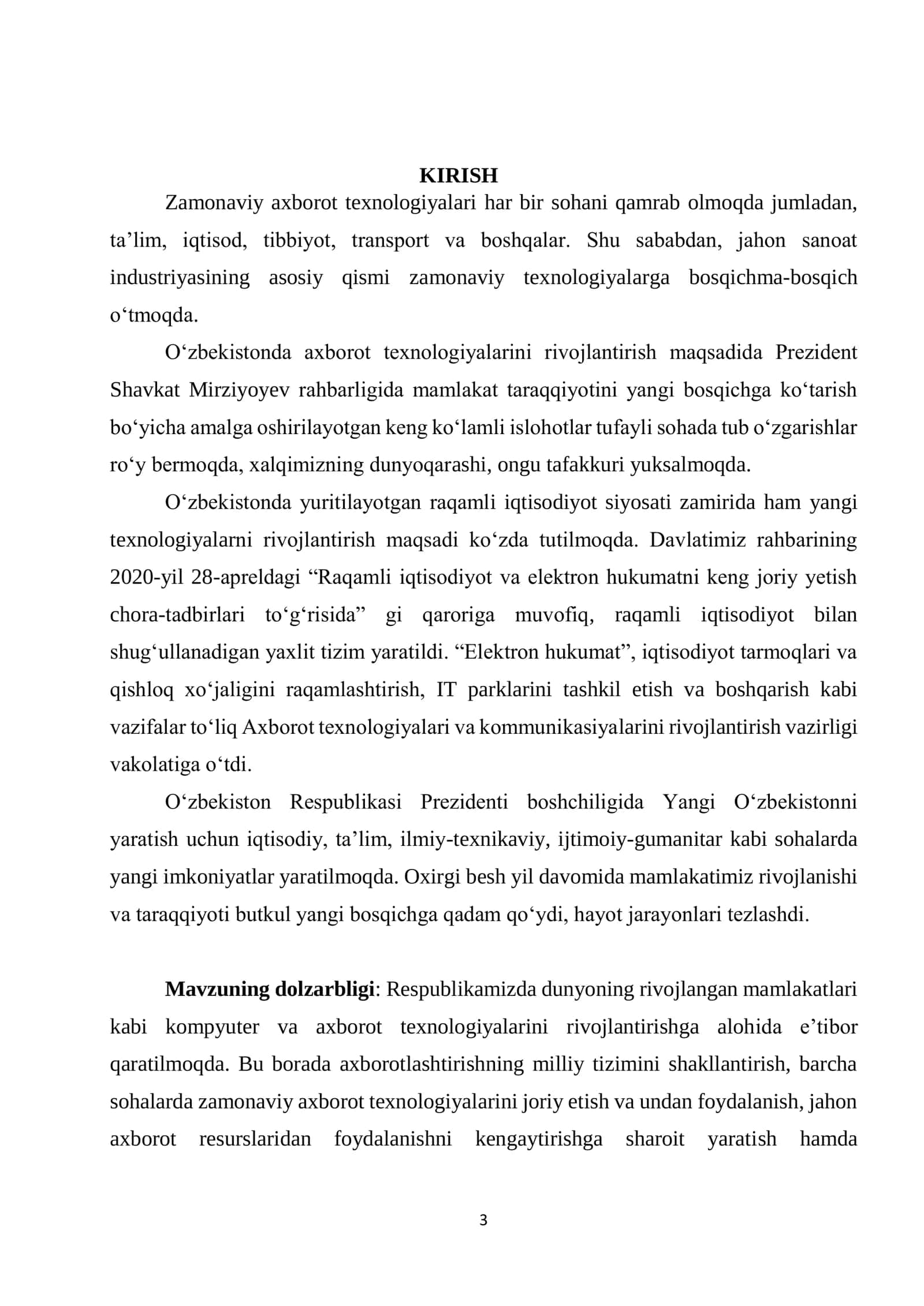 “AXBOROT TIZIMLARINI LOYIHALASHTIRISH” FANIDAN KURS ISHI 3