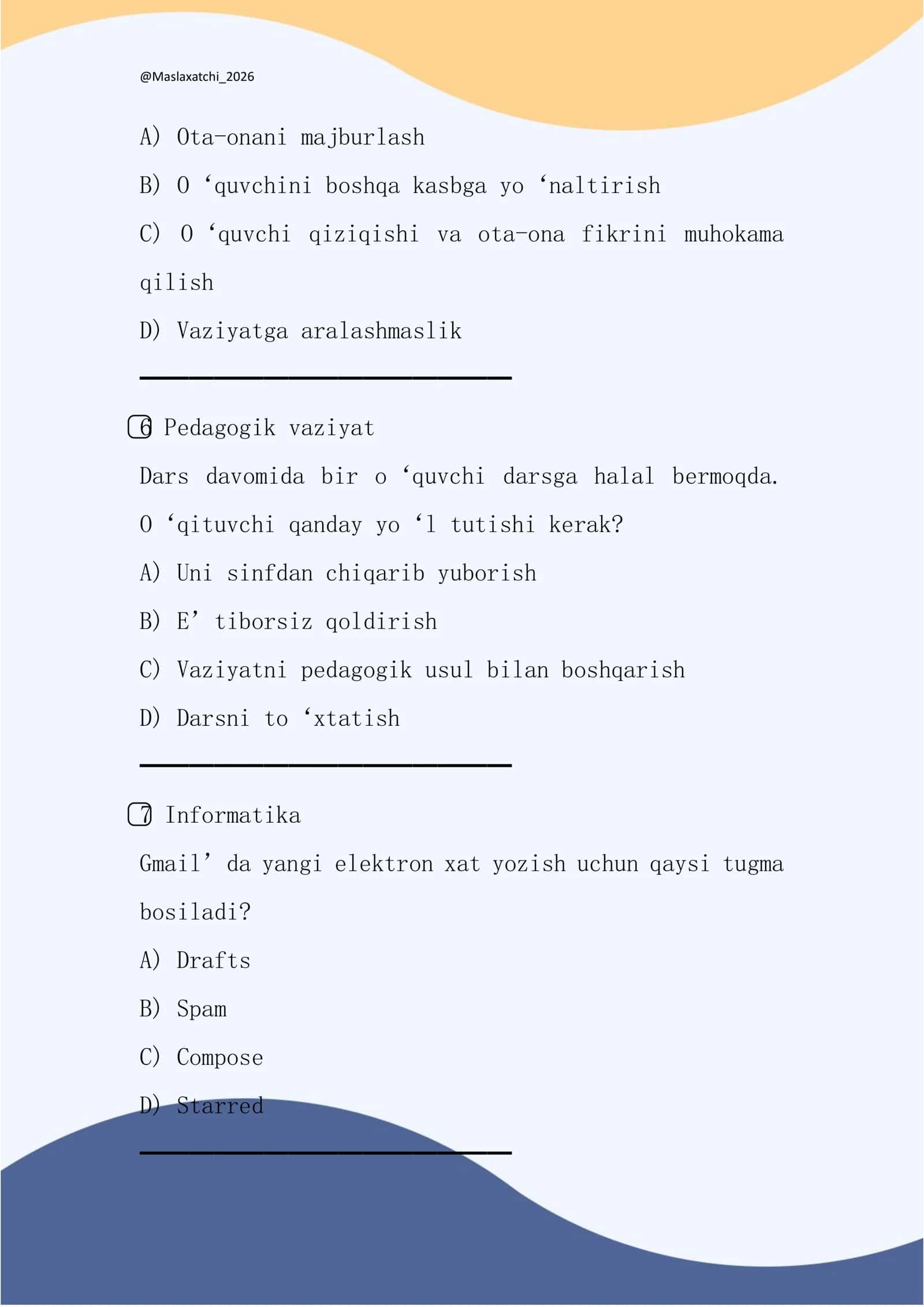 Maktab maslahatchisiga 18-22 may 2026-yil kunlari tushgan testlar javobi bilan 3