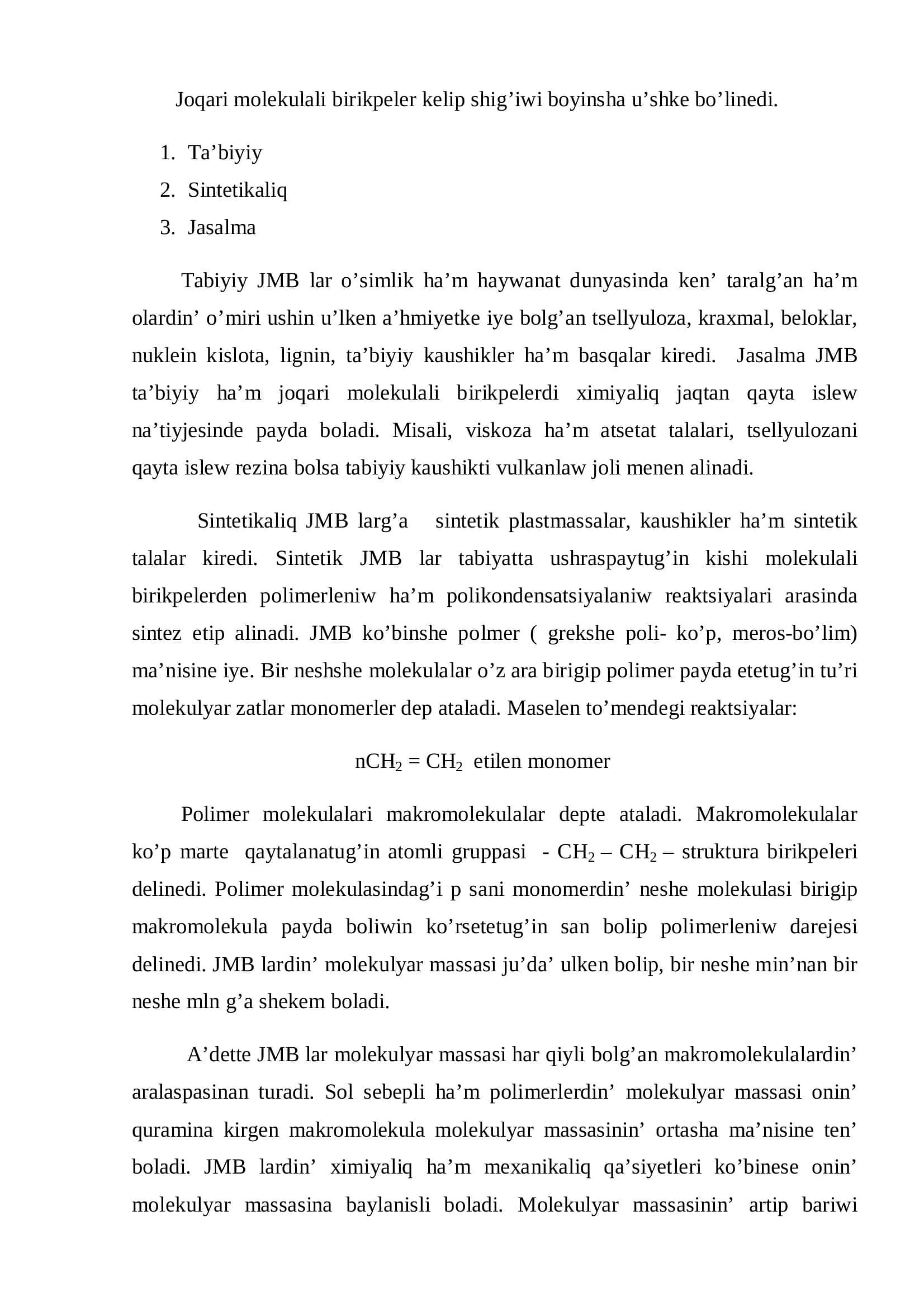 Joqari molekulali birikpeler, oligomer polimerler 3