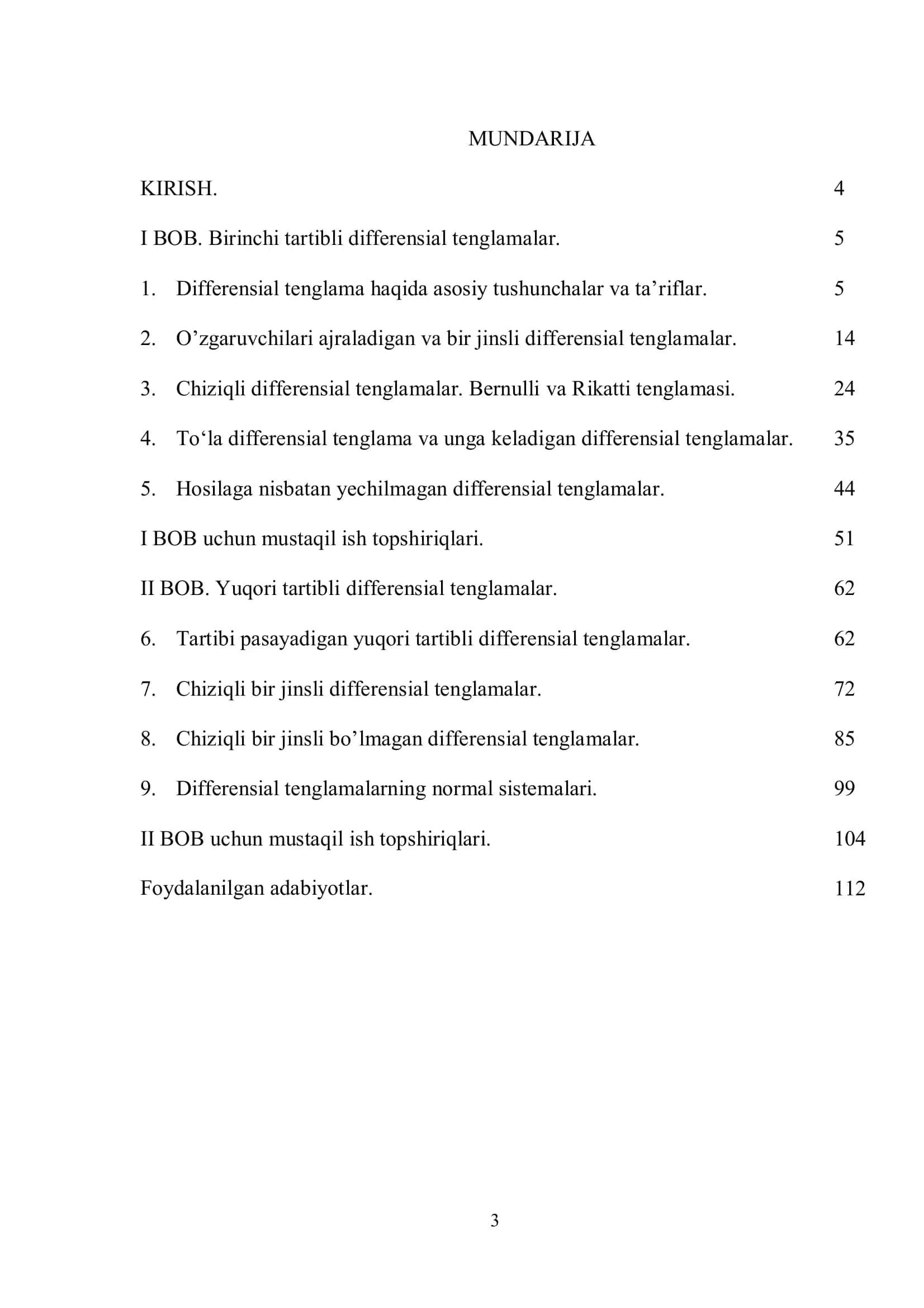 MATEMATIK ANALIZ “DIFFERENSIAL TENGLAMALAR” o‘quv qo‘llanma 3