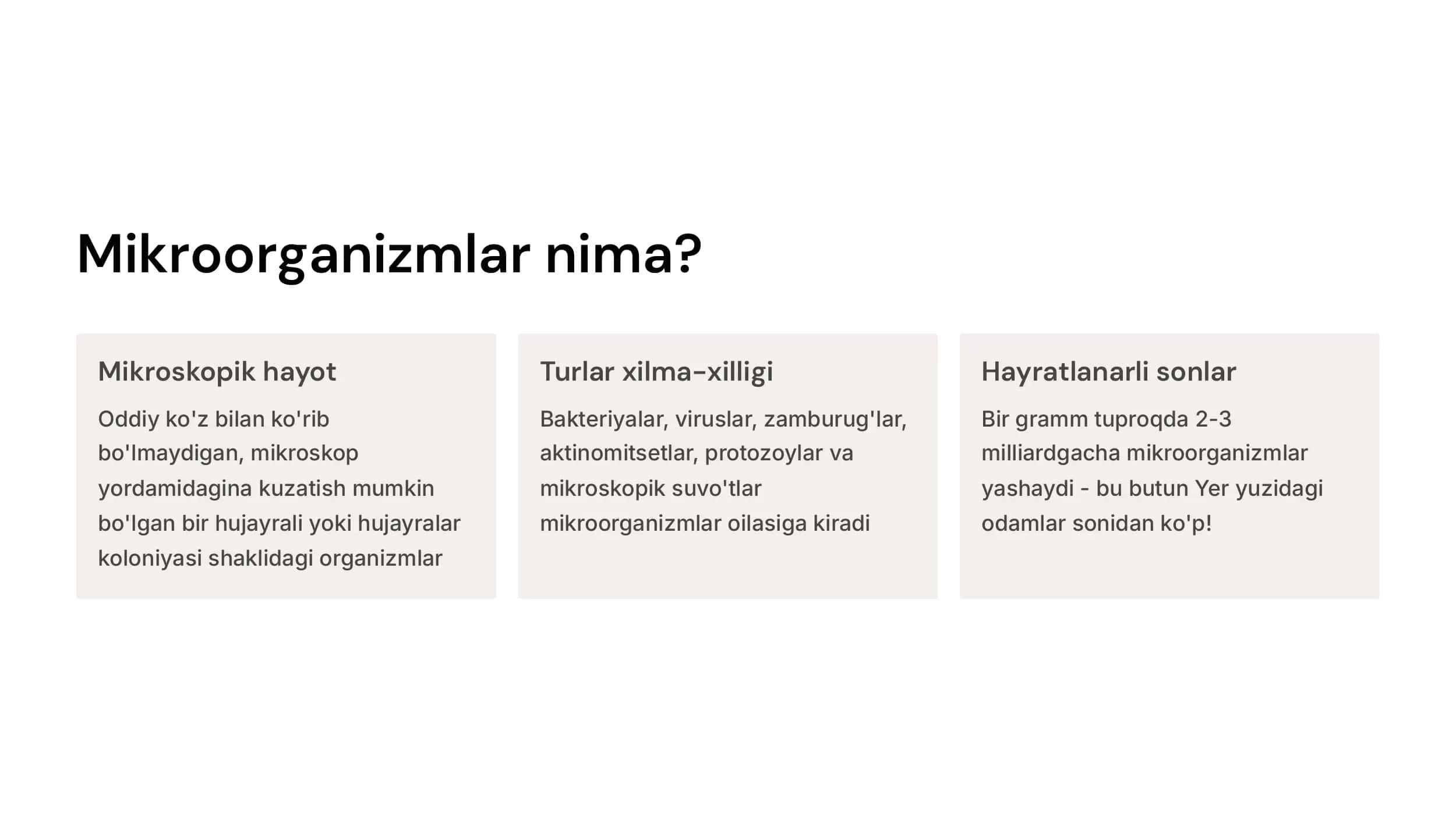 Atrof-muhit omillarini  mikroorganizmlarga ta'siri. Mikroorganizmlar ekologiyasi. Suv,  tuproq, havo mikroflorasi. Odam organizmi mikroflorasi, ularni  oʻrganish usullari va tibbiyot  amaliyotida  ahamiyati 3