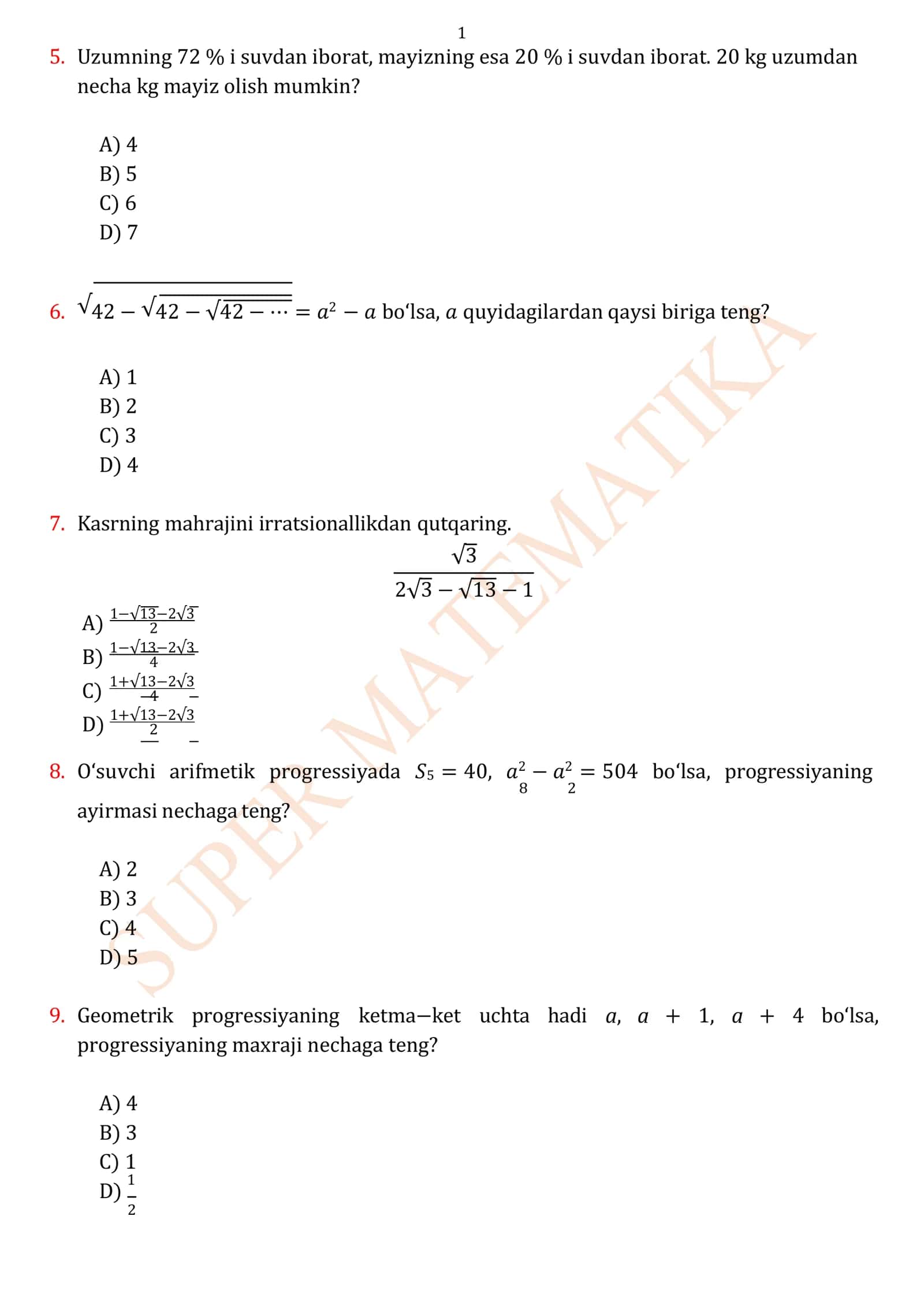 🏆 MATEMATIKADAN NAMUNAVIY MILLIY SERTIFIKAT 1-MOCK TESTI | YECHIMLARI BILAN 3