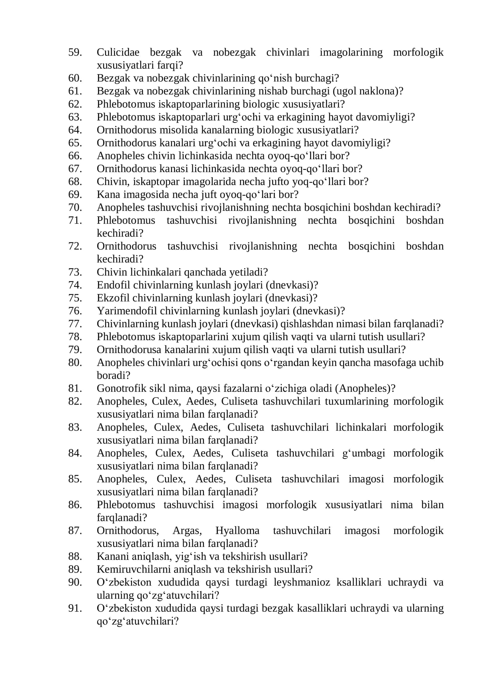 Tibbiy-profilaktika ishi (Entomolog vrach yordamchilari uchun) mutaxassisligi bo'yicha shakllantirilgan og’zaki savollar ro'yxati 3