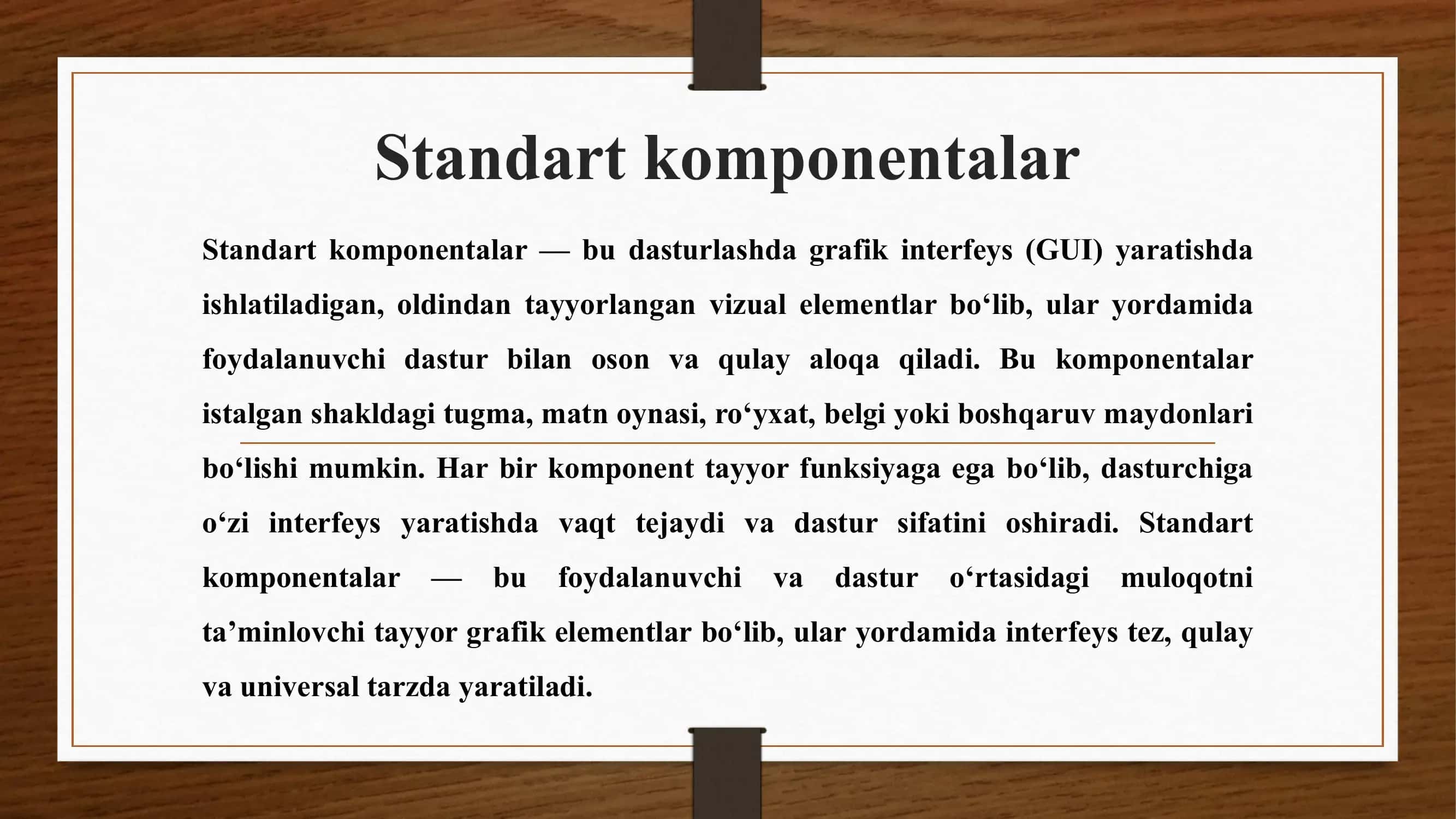 Standart komponentalar 2.Additional, System komponentalari 3.Visual C++ muhitida muloqot oynalari va ularni sozlash, boshqarish elementlari. 3
