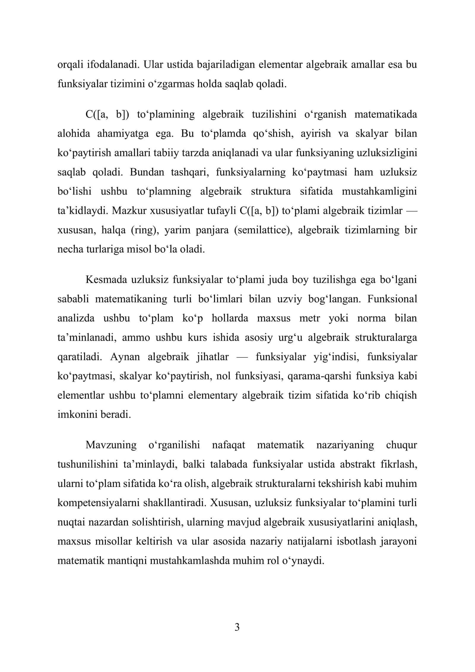 Kesmada uzluksiz funksiyalar to‘plamidagi algebraik strukturalar 3