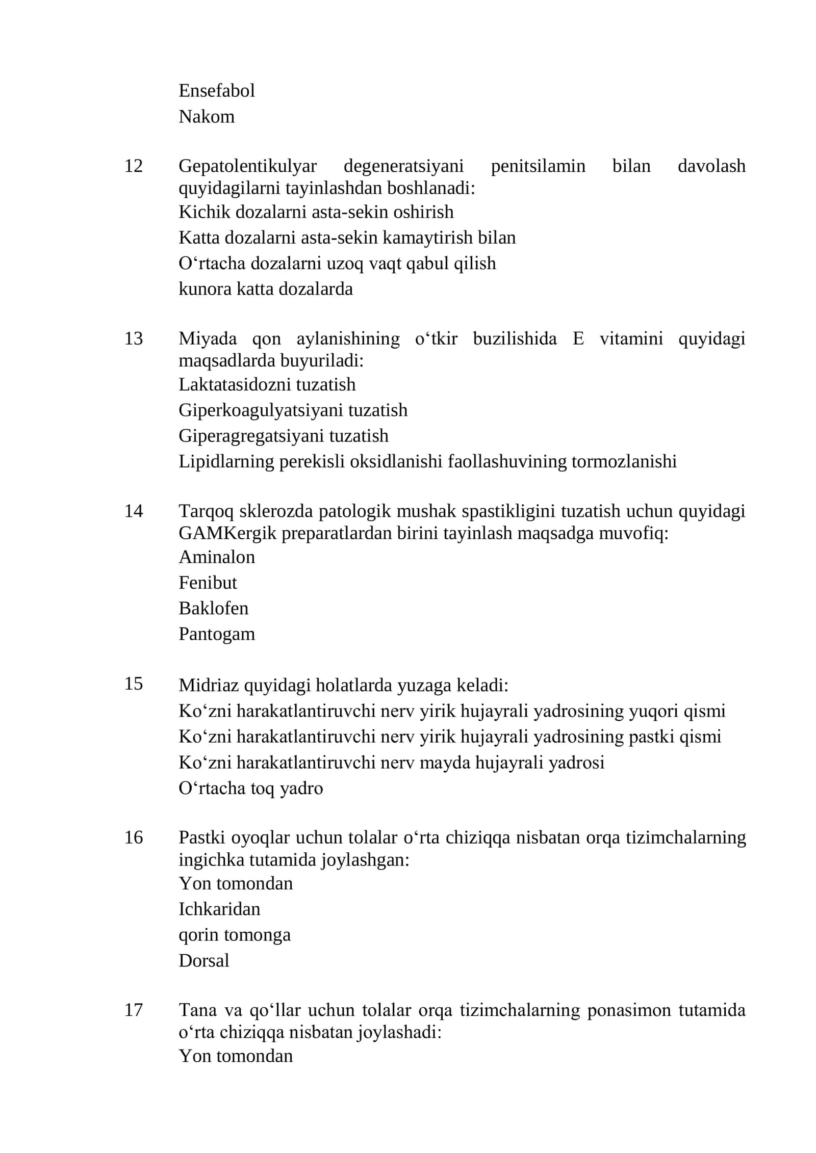 Bolalar nevrologiyasi mutaxassisligi boʻyicha shakllantirilgan test savollari roʻyxati 2026 3