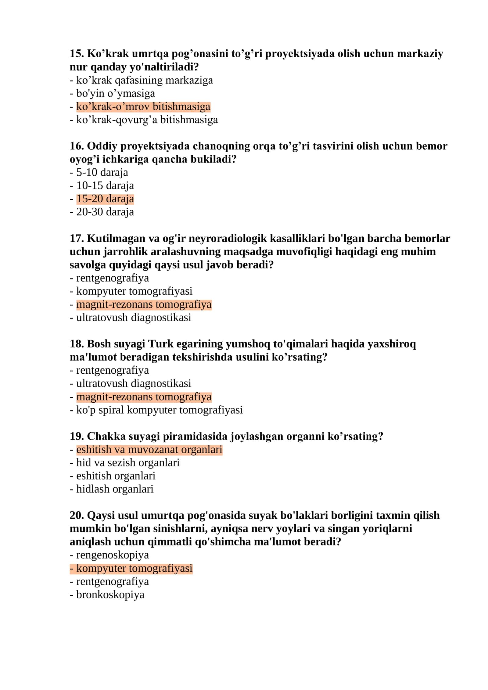 Rentgen laboranti mutaxassisligi bo'yicha shakllantirilgan test argos 3