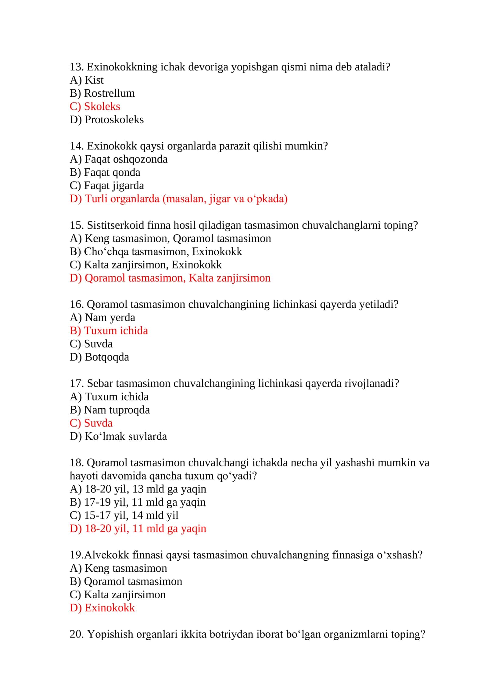 Umurtqasizlar zoologiyasi fanidan testlar 3